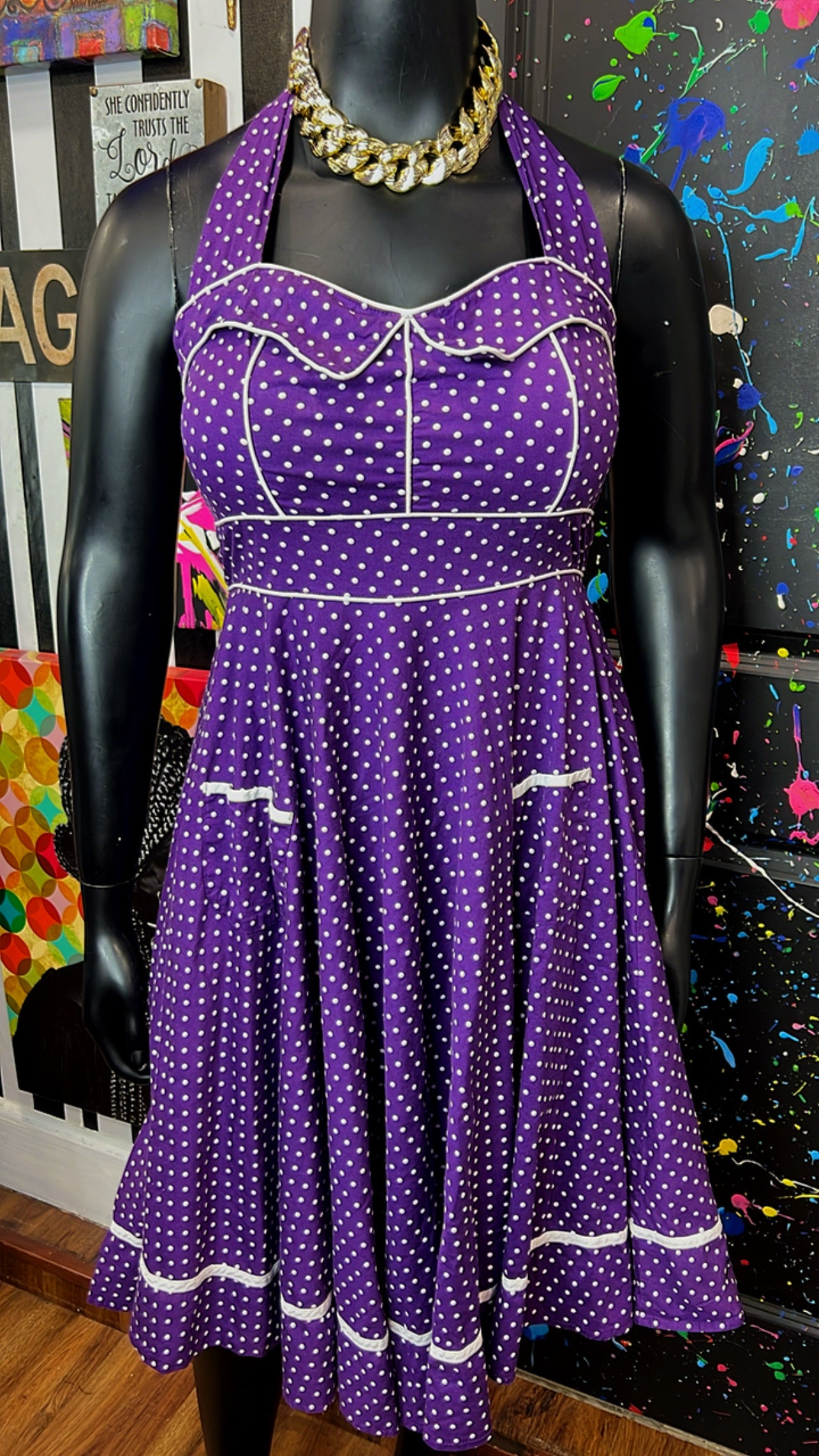 Vintage Inspired Cotton Purple & White Polka Dot Dress (12)
