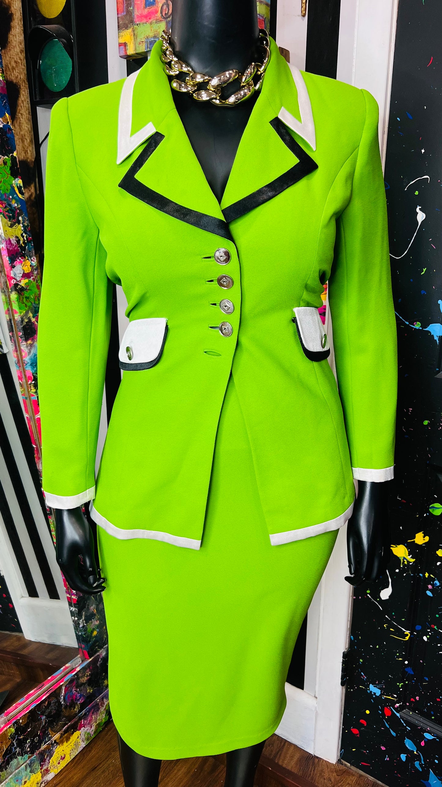 Vintage Green Black & White Skirt Suit (14)