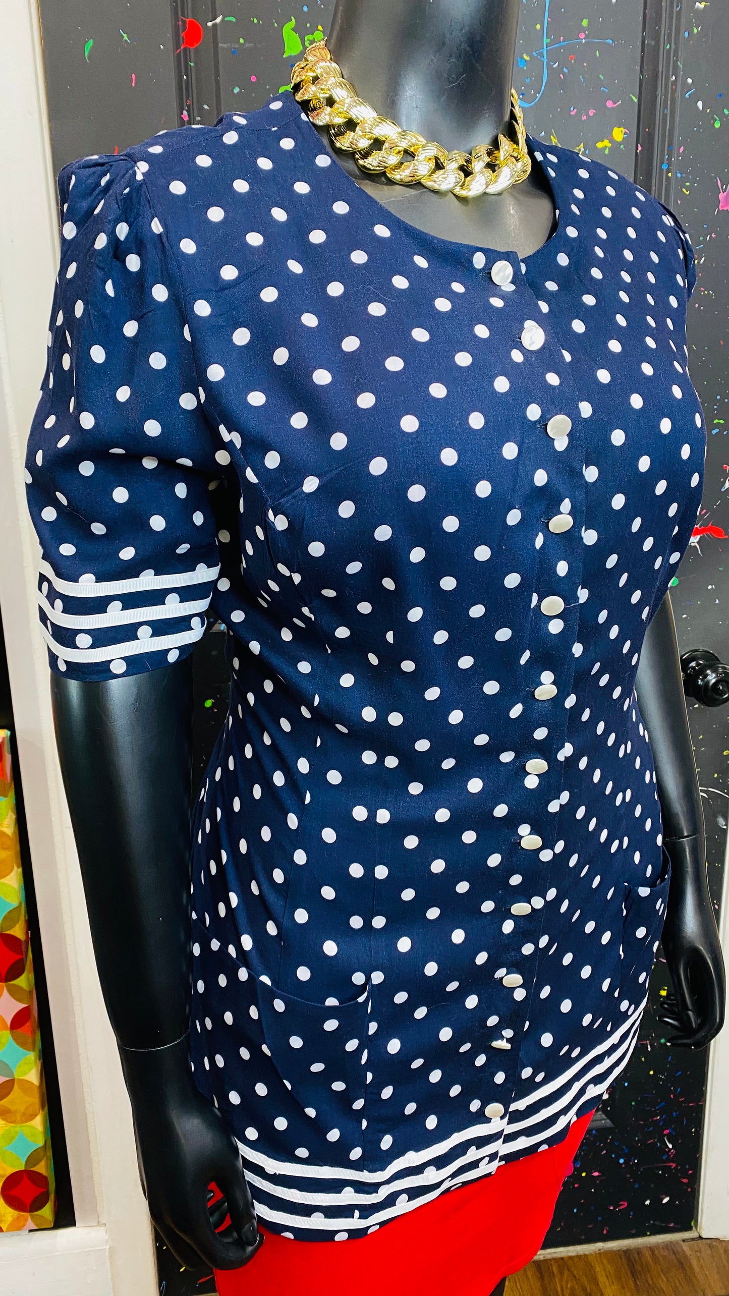 Vintage Navy Blue & White Striped & Polka Dot Blouse (18)