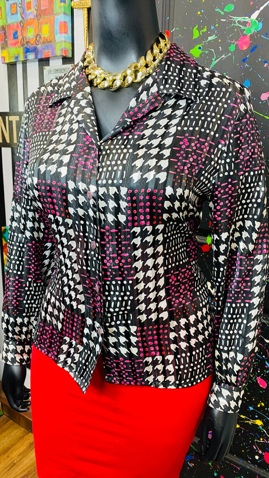 Vintage Sheer Pink Black & White Blouse (18)