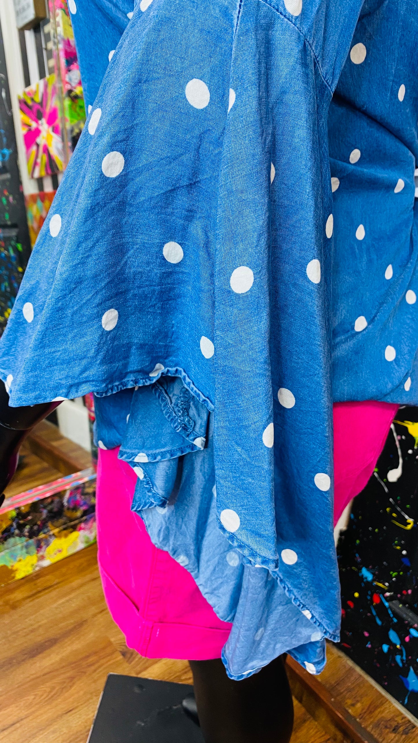 Denim & Polka Dot Exaggerated Sleeve Blouse (14)