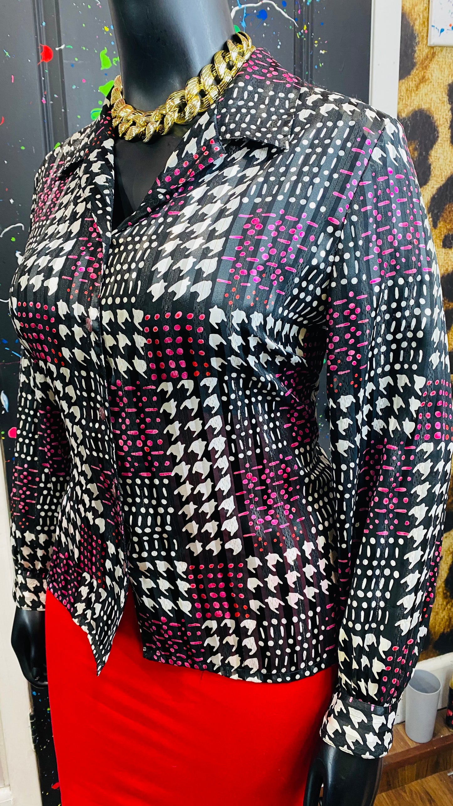 Vintage Sheer Pink Black & White Blouse (18)