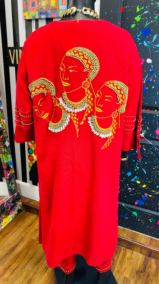 Vintage Traditional African Red & Gold Beaded 3 Piece Cotton Pants Set (14)