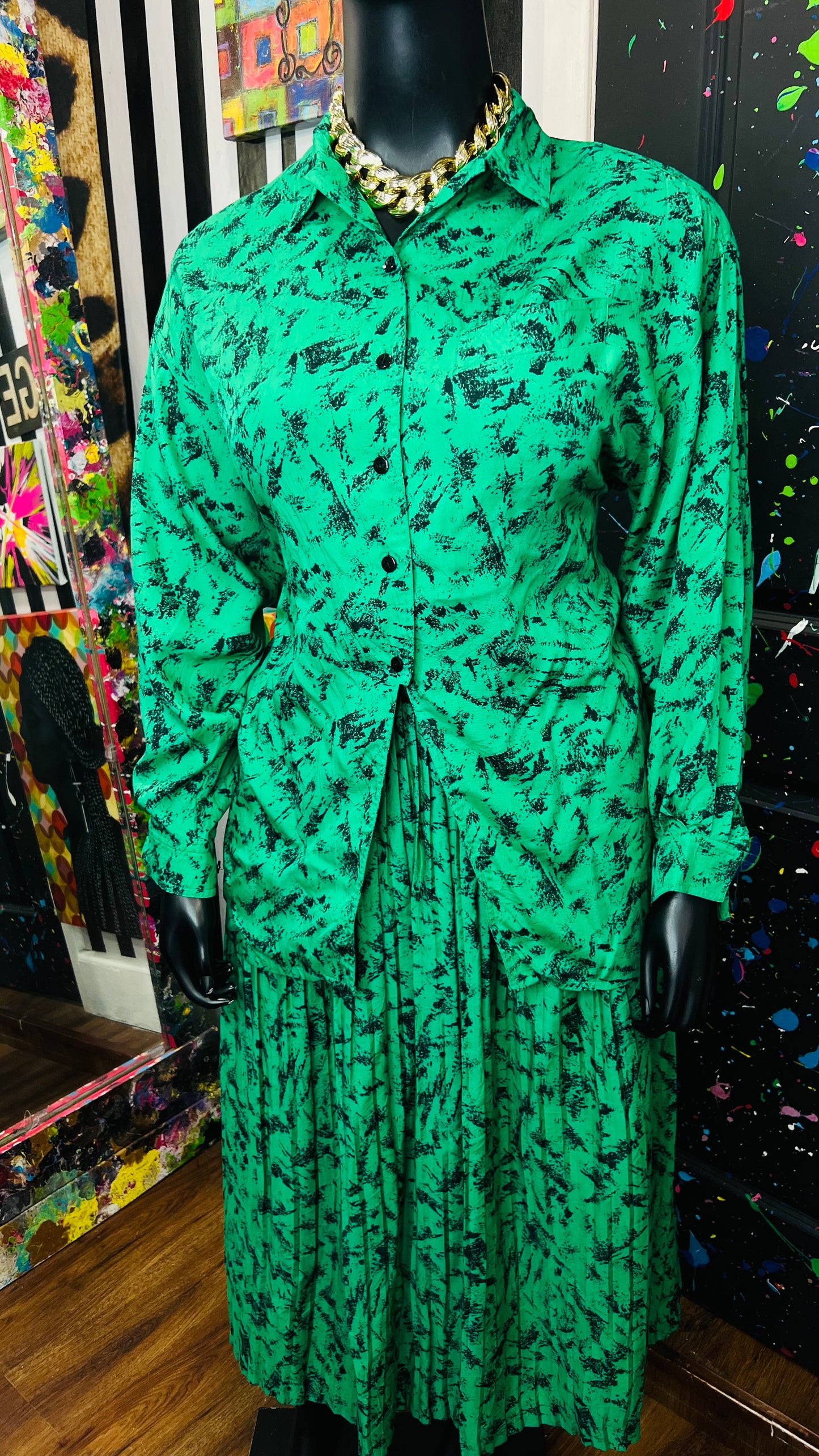 Vintage Green & Black Abstract Skirt Set (16/18)