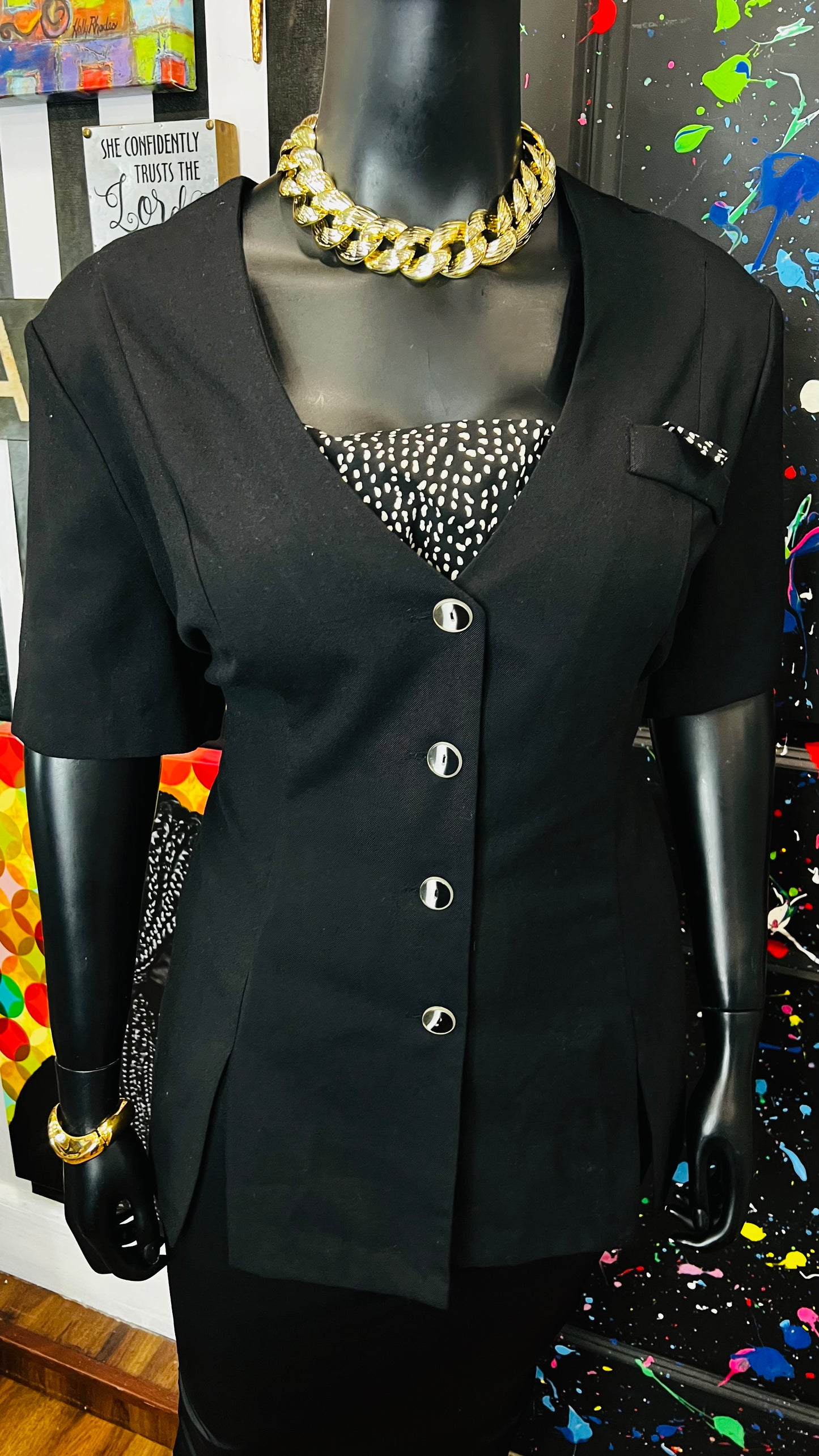 Vintage Black & Polka Dot Blazer Blouse (24W)