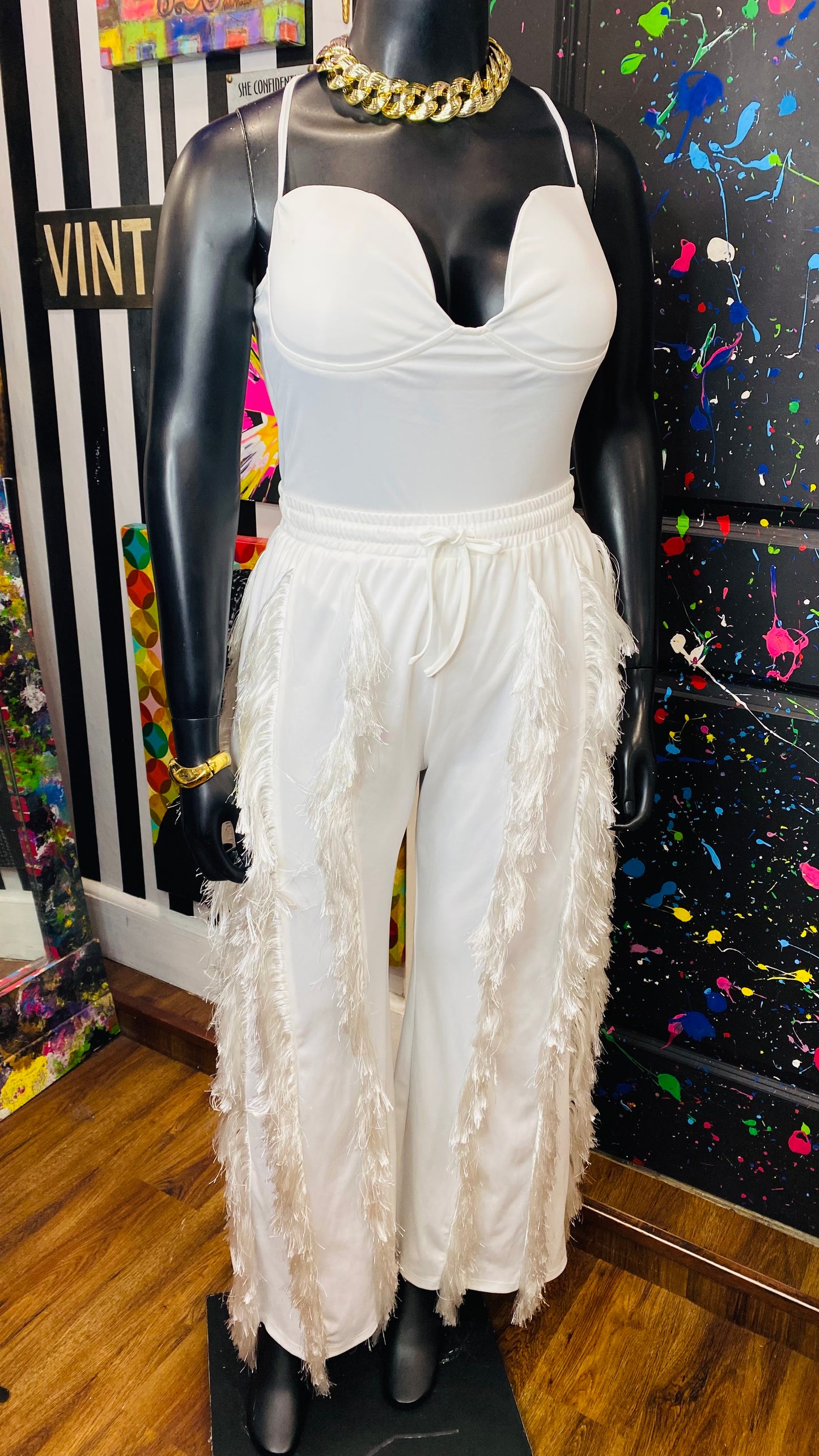 New w/ Tags White Fringe Body Suit & Pants (16)
