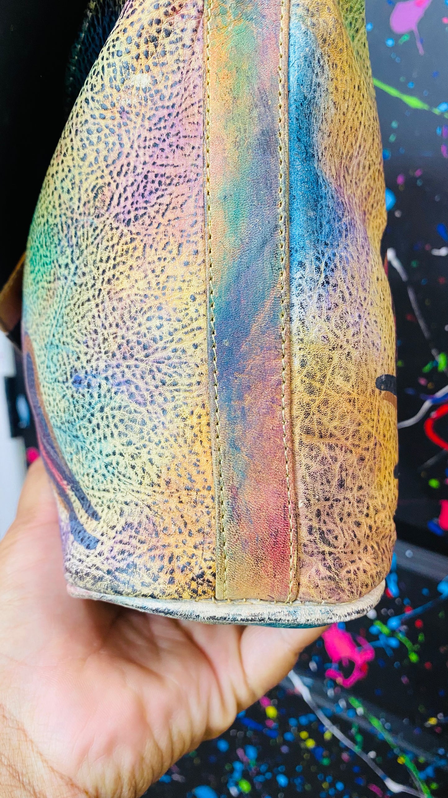 Vintage Genuine Leather Hand Painted Bag w/ Lipstick Holder