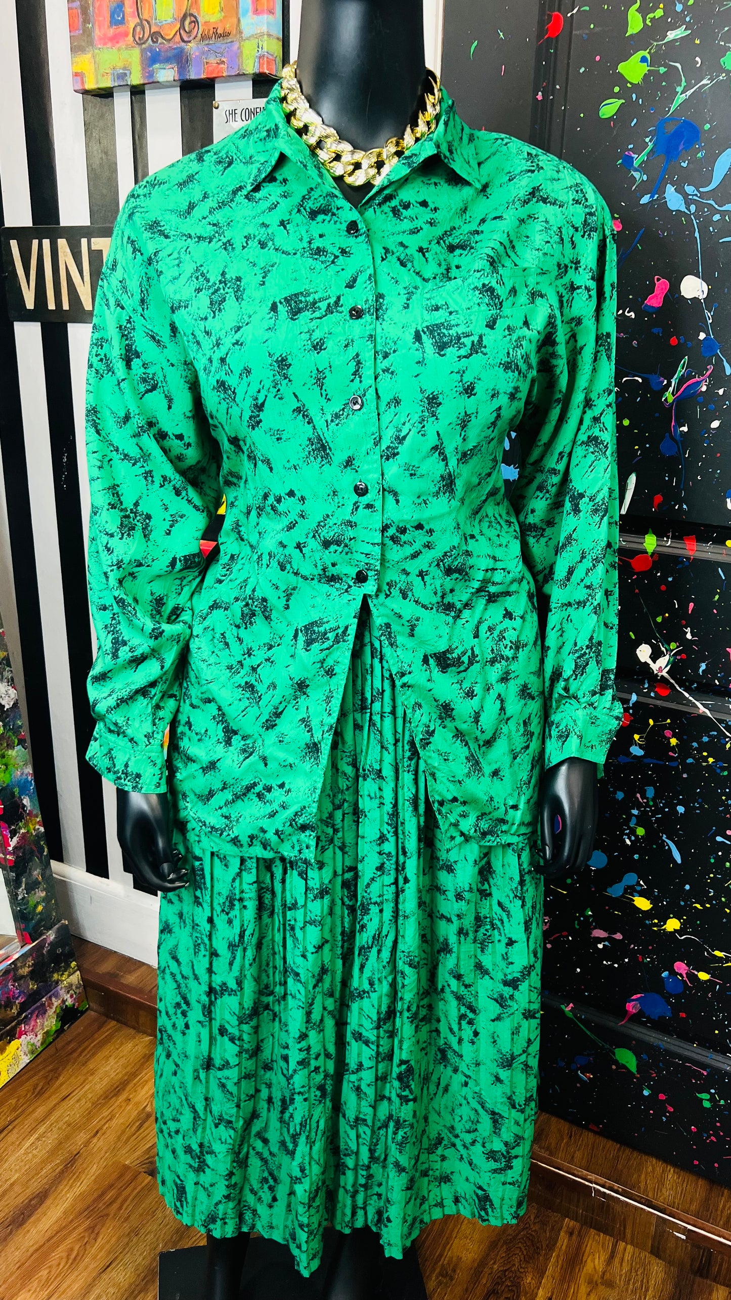 Vintage Green & Black Abstract Skirt Set (16/18)
