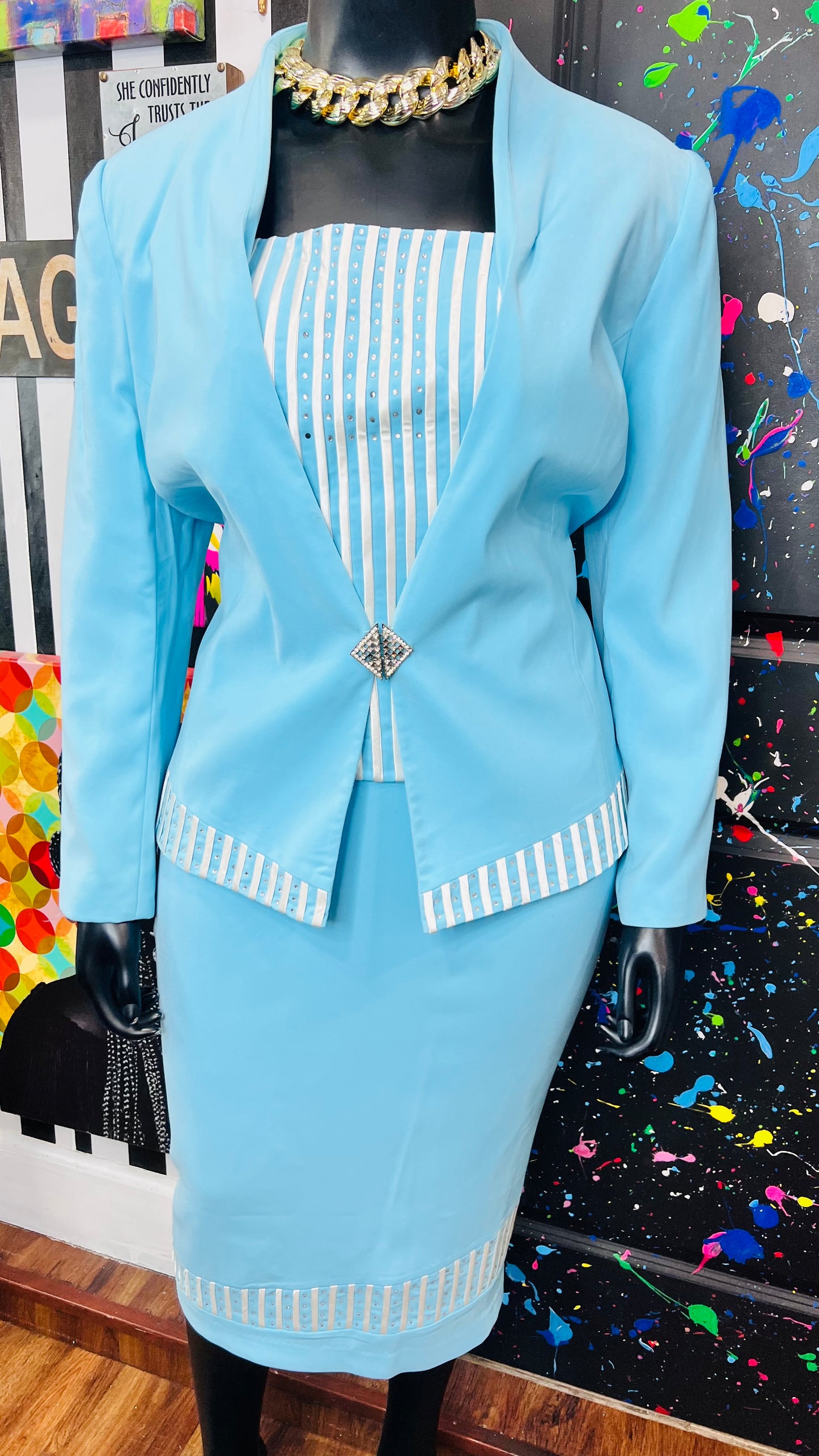 Vintage Blue & White Skirt Suit (18)