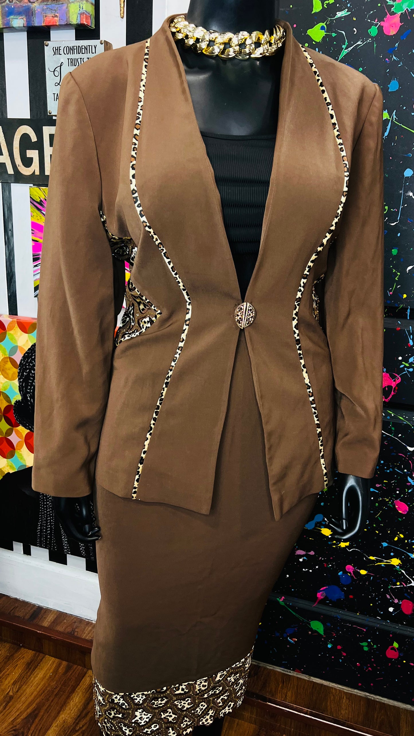 Vintage Chocolate & Animal Print Skirt Suit (18)
