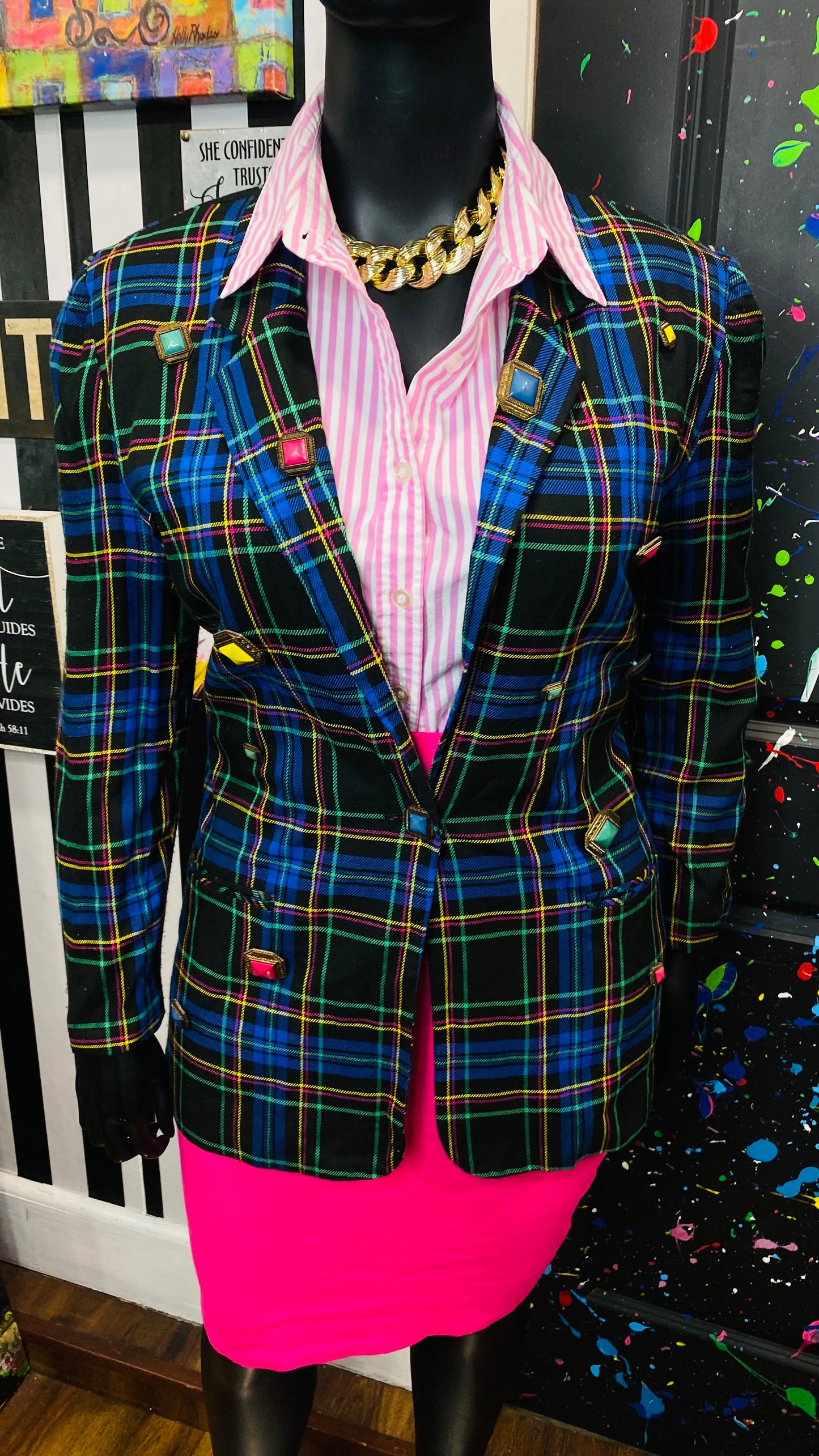Plus Size Vintage Plaid Button Blazer (14)