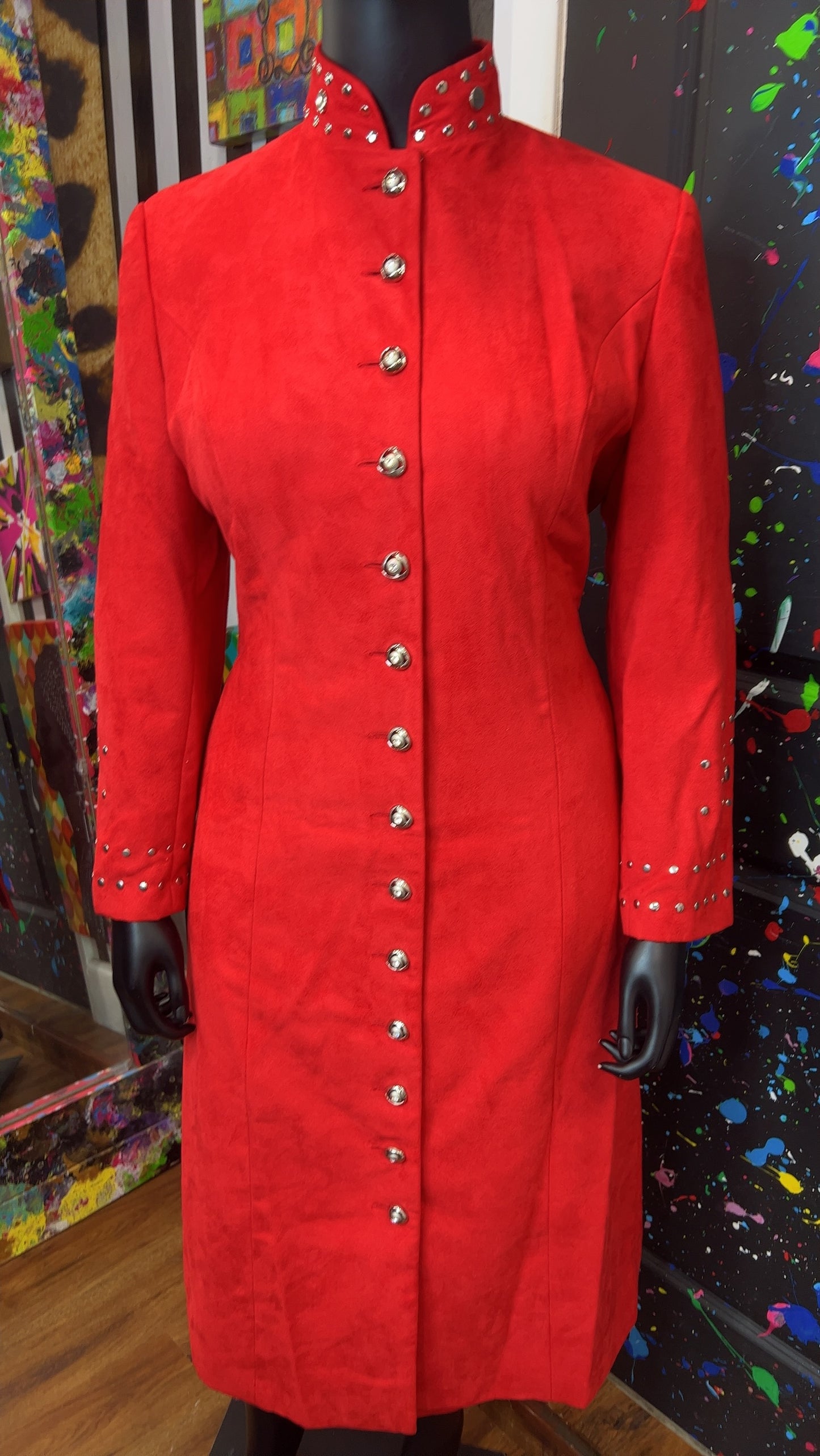 Vintage Studded Long Red Jacket & Skirt Suit (14W)