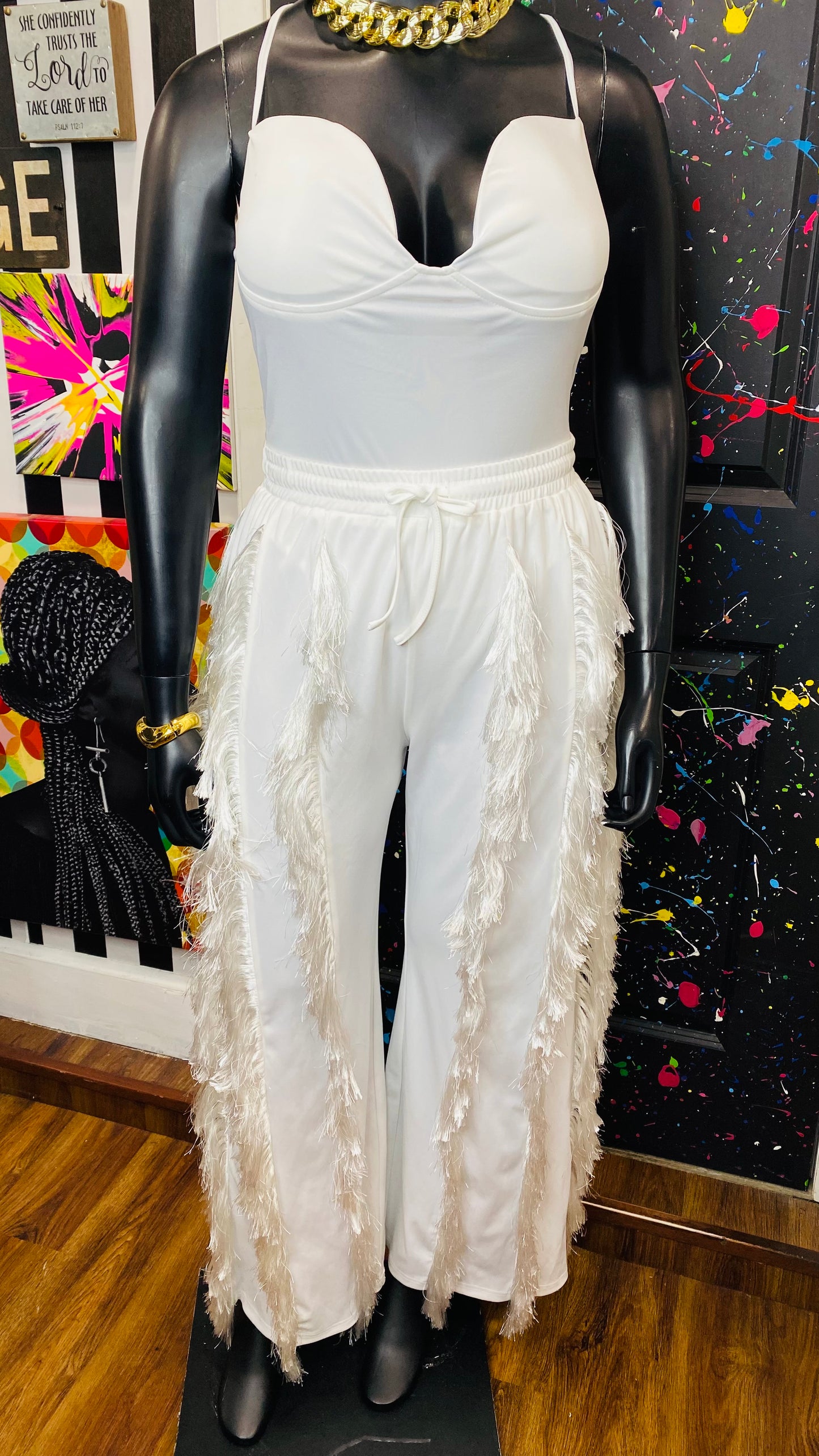 New w/ Tags White Fringe Body Suit & Pants (16)
