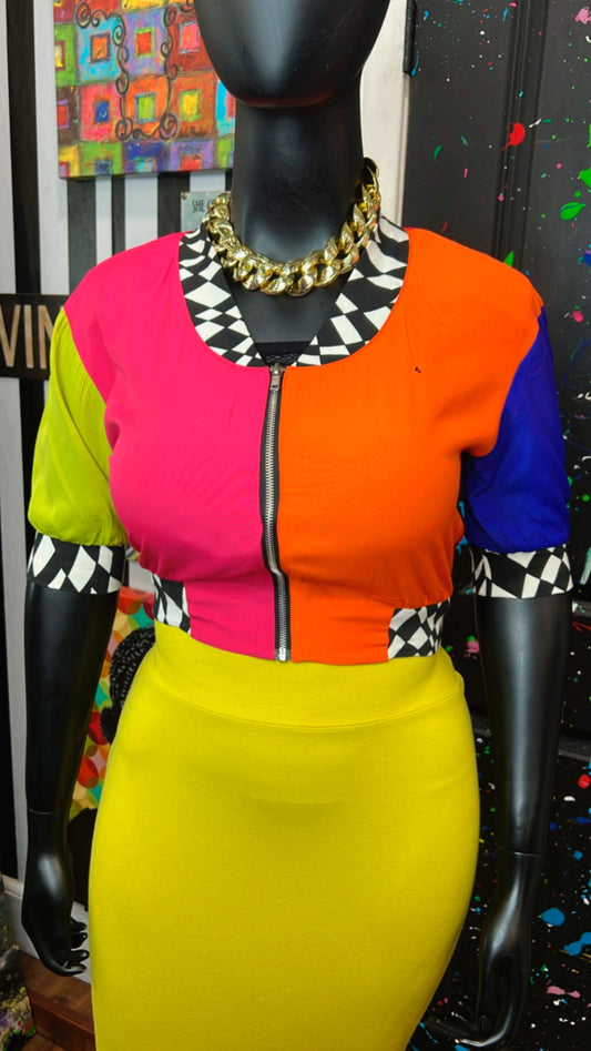 Vintage Colorblock Zipper Blouse (12/14)