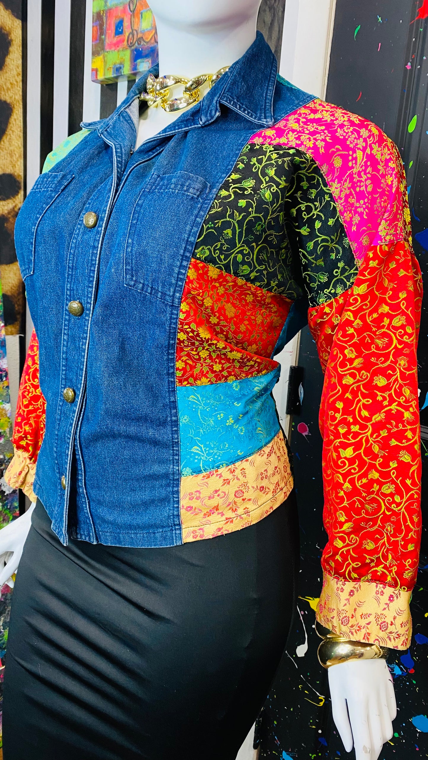 Vintage Denim & Satin Patchwork Blouse (24)