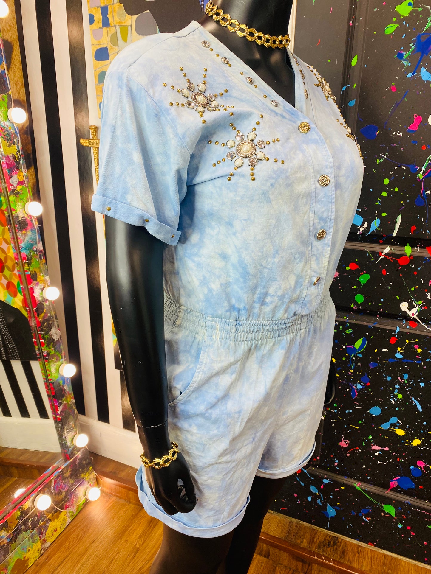 Vintage Denim Jewel Studded Romper