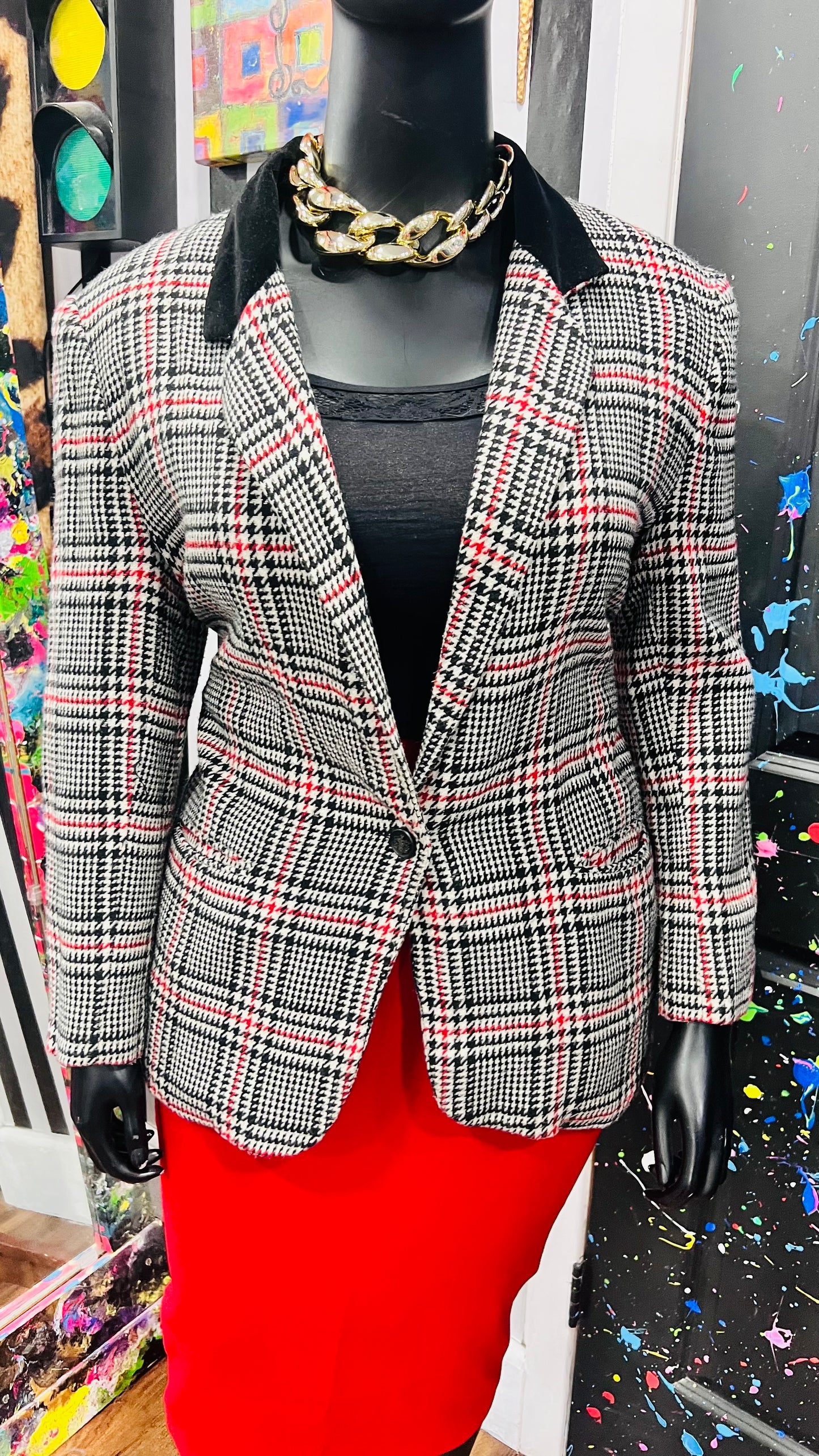 Vintage Black Red & White Houndstooth Blazer (16)