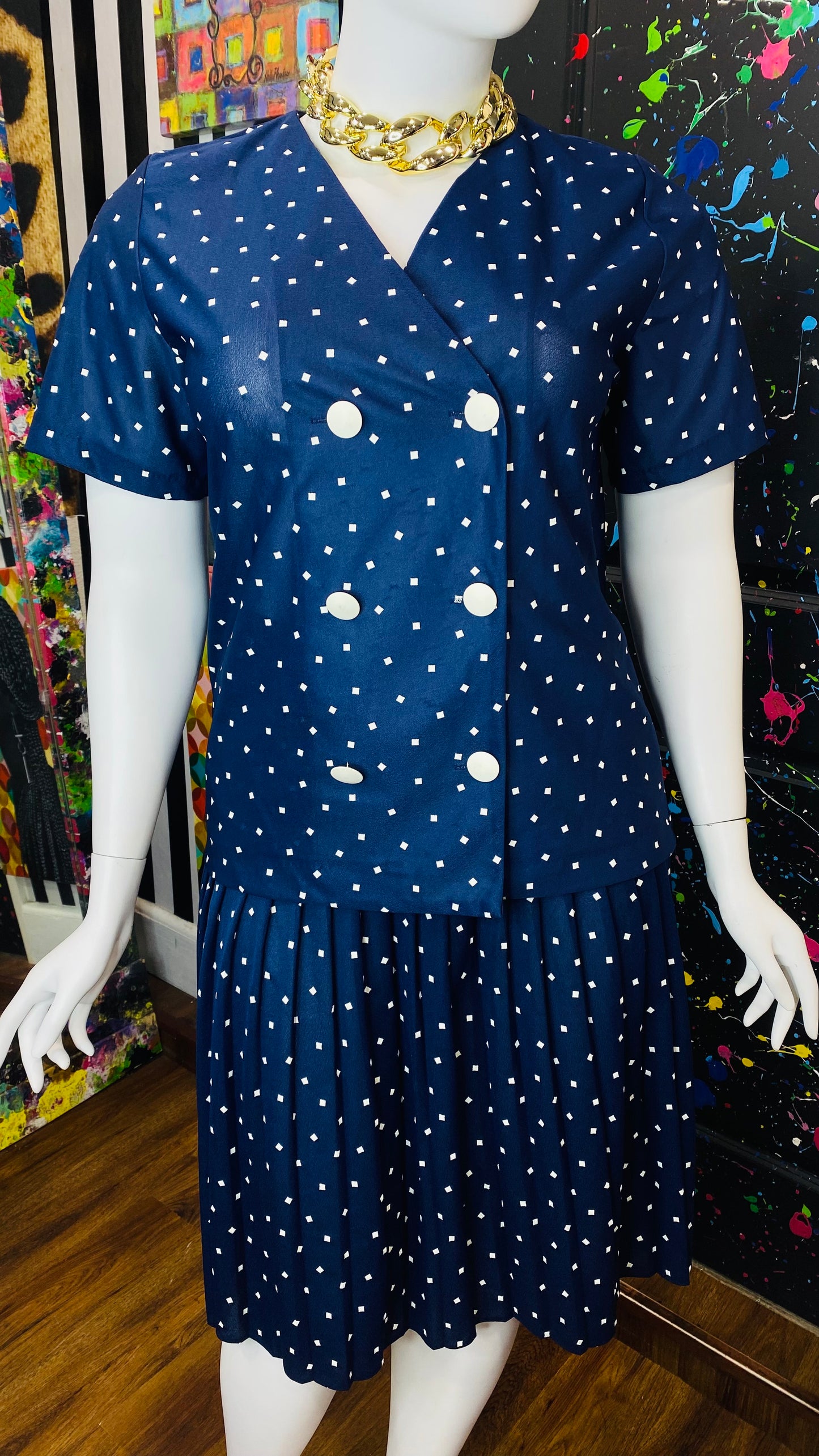 Vintage Navy Blue & White Pleated Skirt Set (14 1/2)