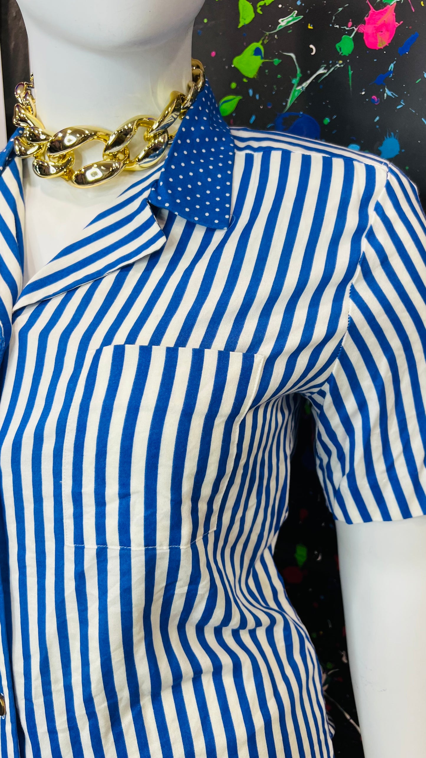 Vintage Blue & White Striped Polka Dot Blouse (14)