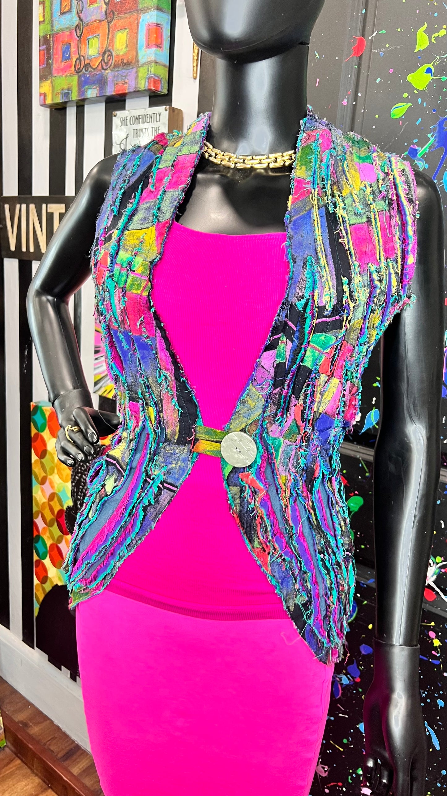 Vintage Shaggy Abstract Rayon Vest (OS)