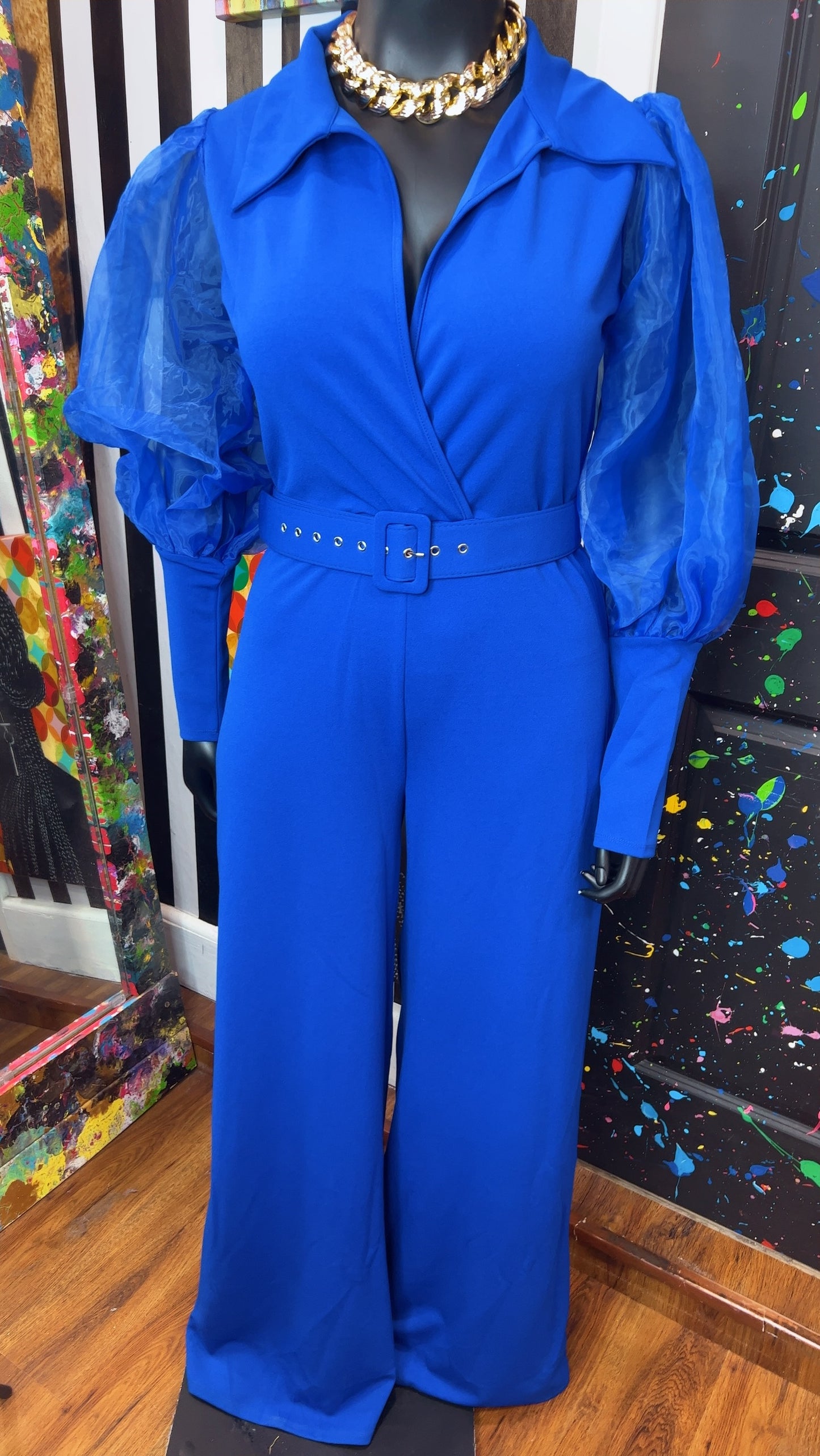 Cobalt Blue Sheer Arms Jumpsuit -New w/ Tags (14/16)