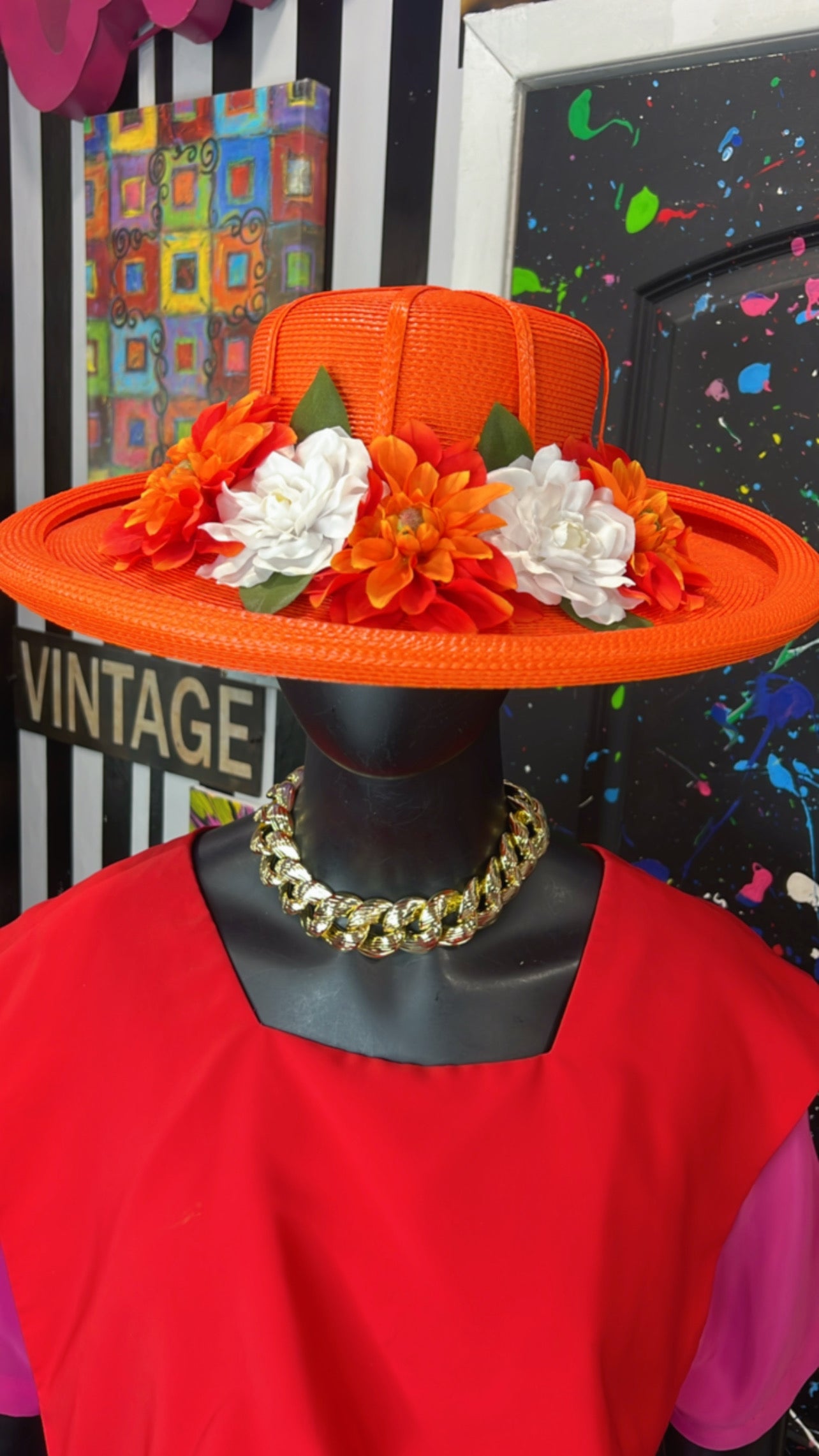Vintage Straw Orange Floral Hat