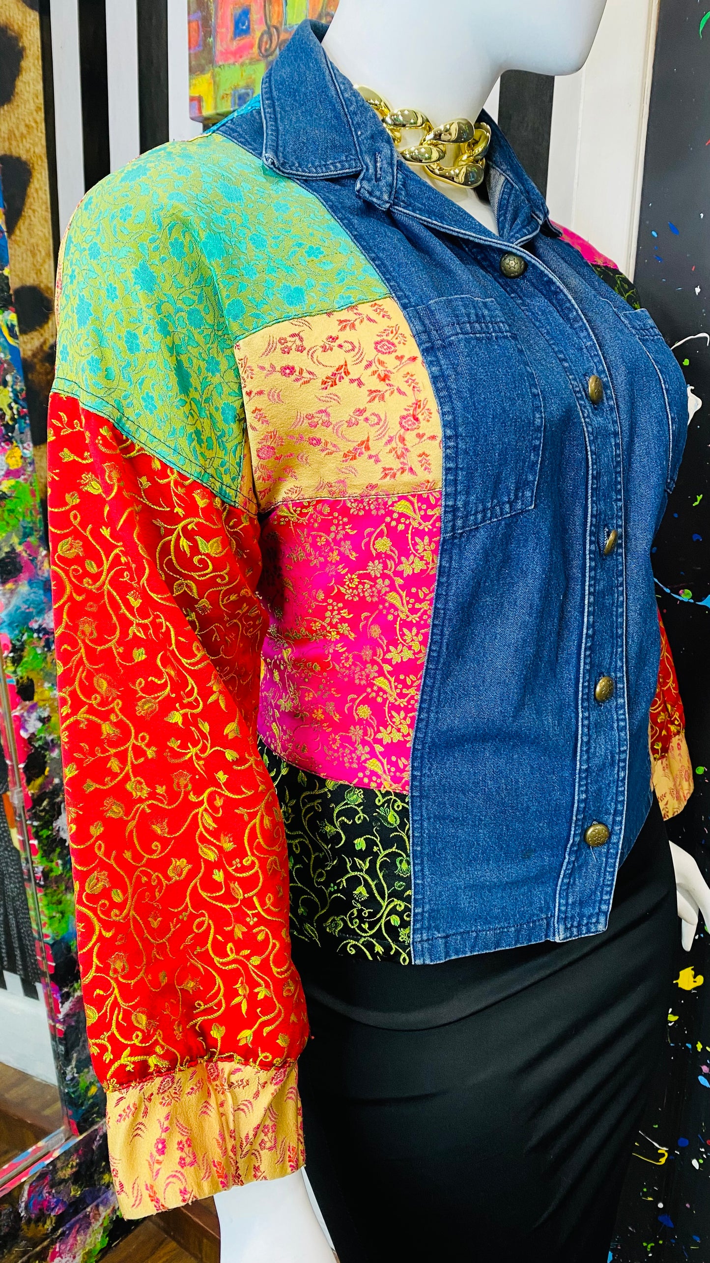 Vintage Denim & Satin Patchwork Blouse (24)