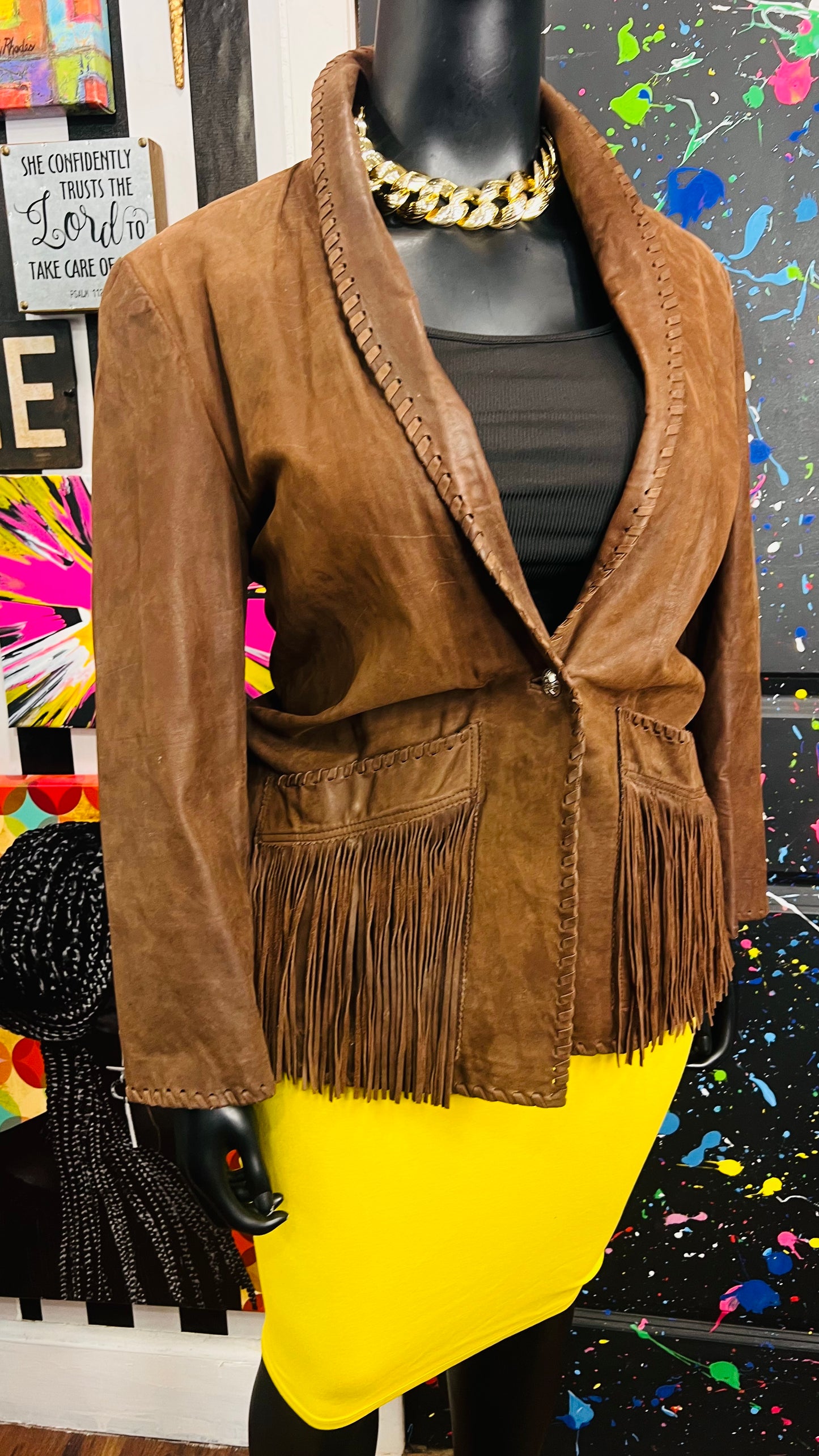 Vintage Genuine Leather Brown Fringe Blazer (18)
