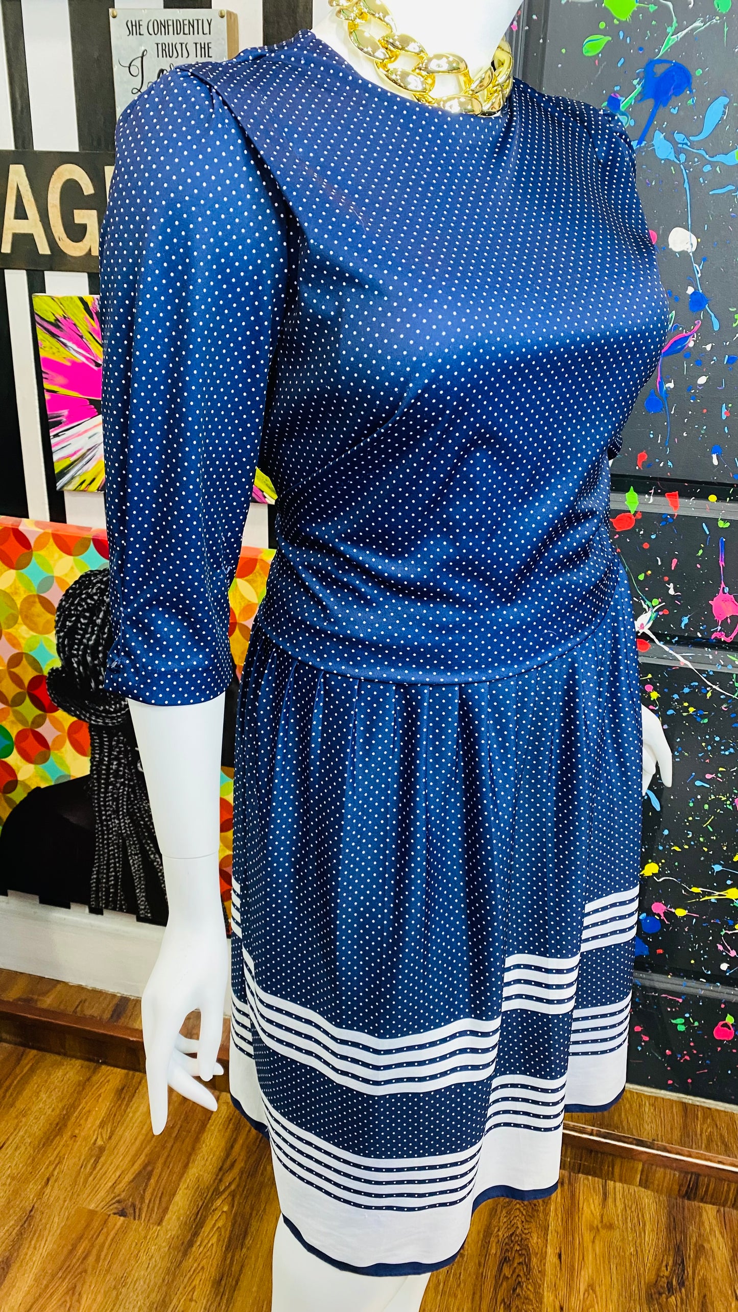 Vintage Navy Blue & White Polka Dot Dress (20W)