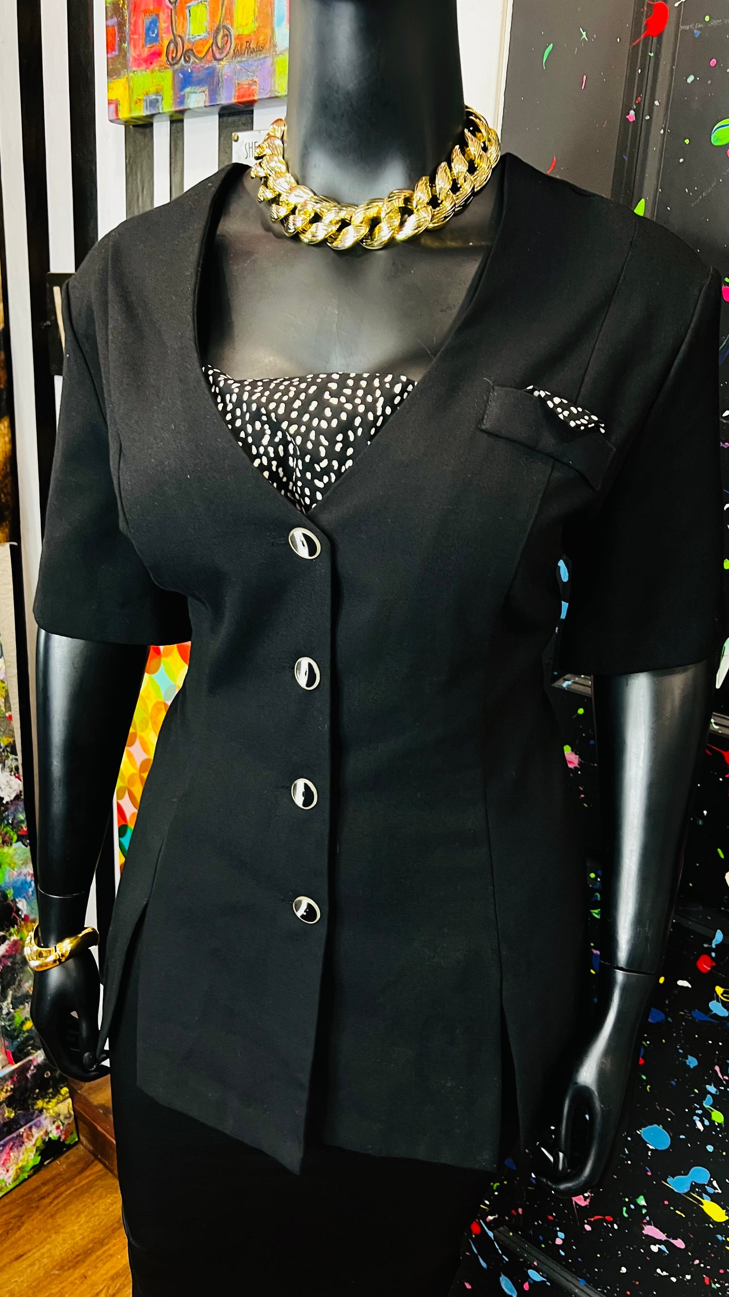 Vintage Black & Polka Dot Blazer Blouse (24W)