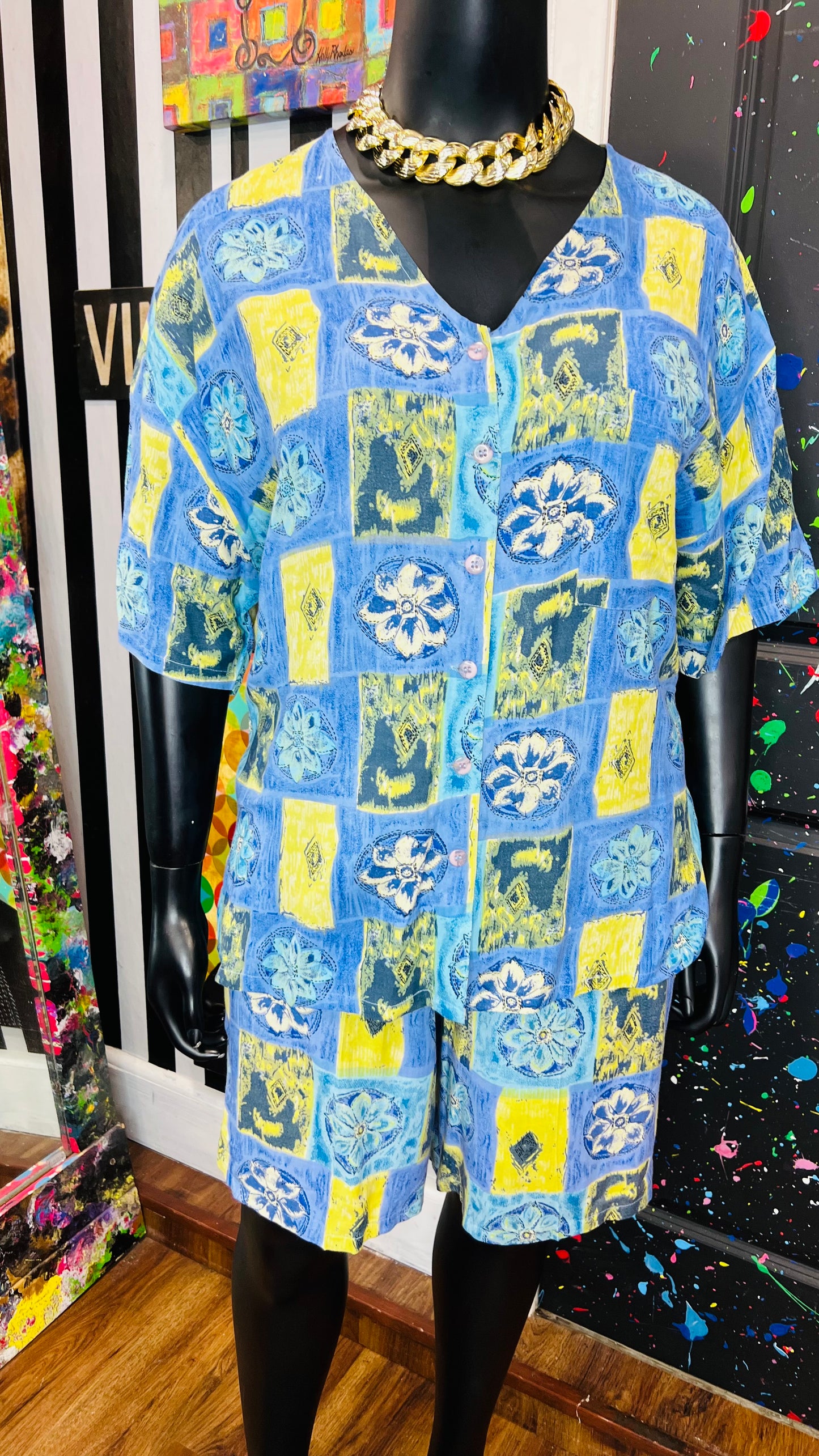 Vintage Rayon Abstract Shorts Set w/ Drawstring Waist (20)