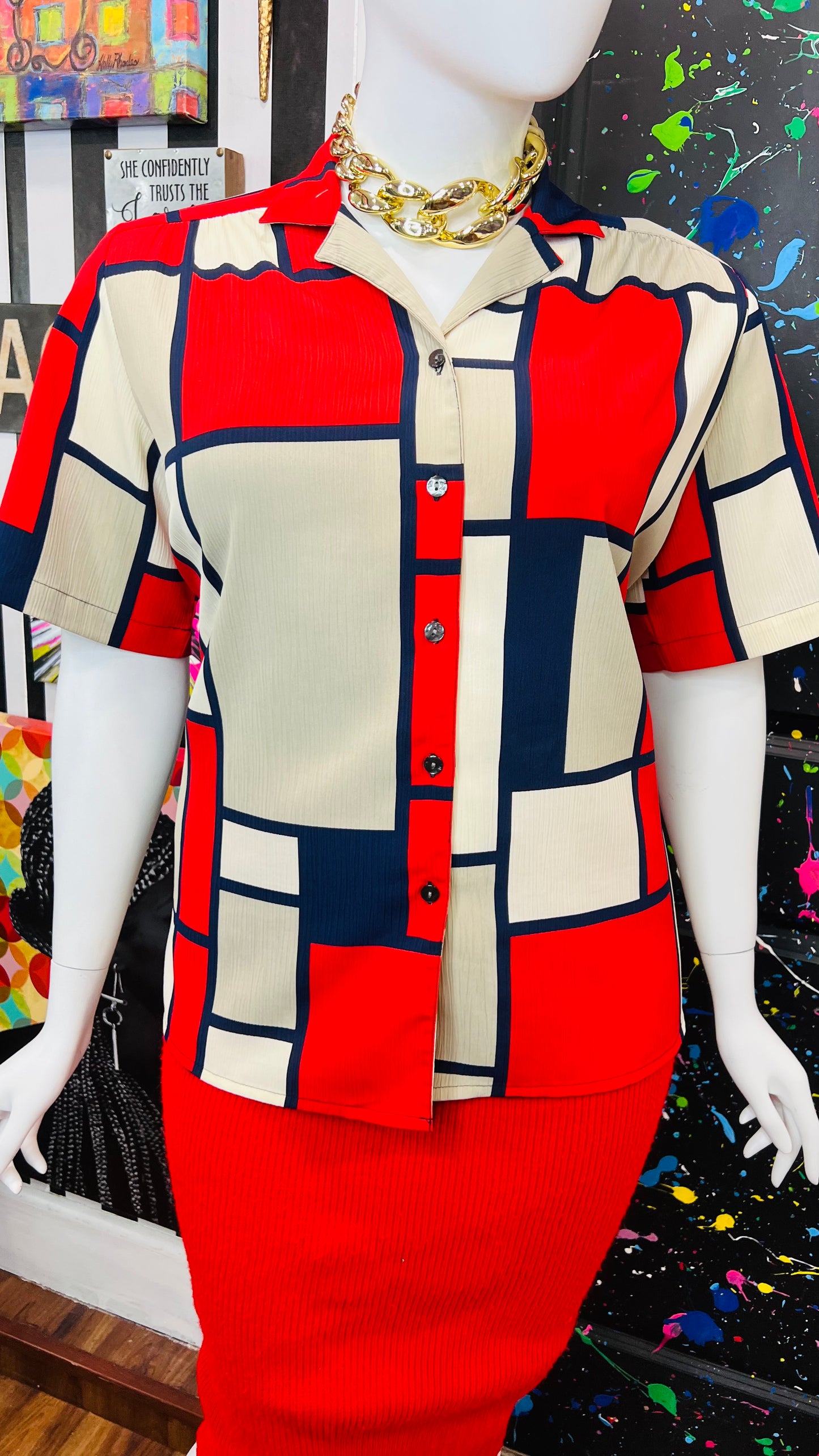 Vintage Navy Blue, Red & Cream Block Blouse (18W)