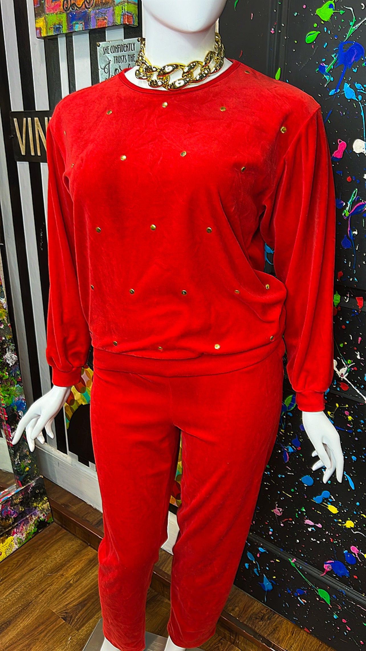 Vintage Red Studded Pants Velour Set (18)