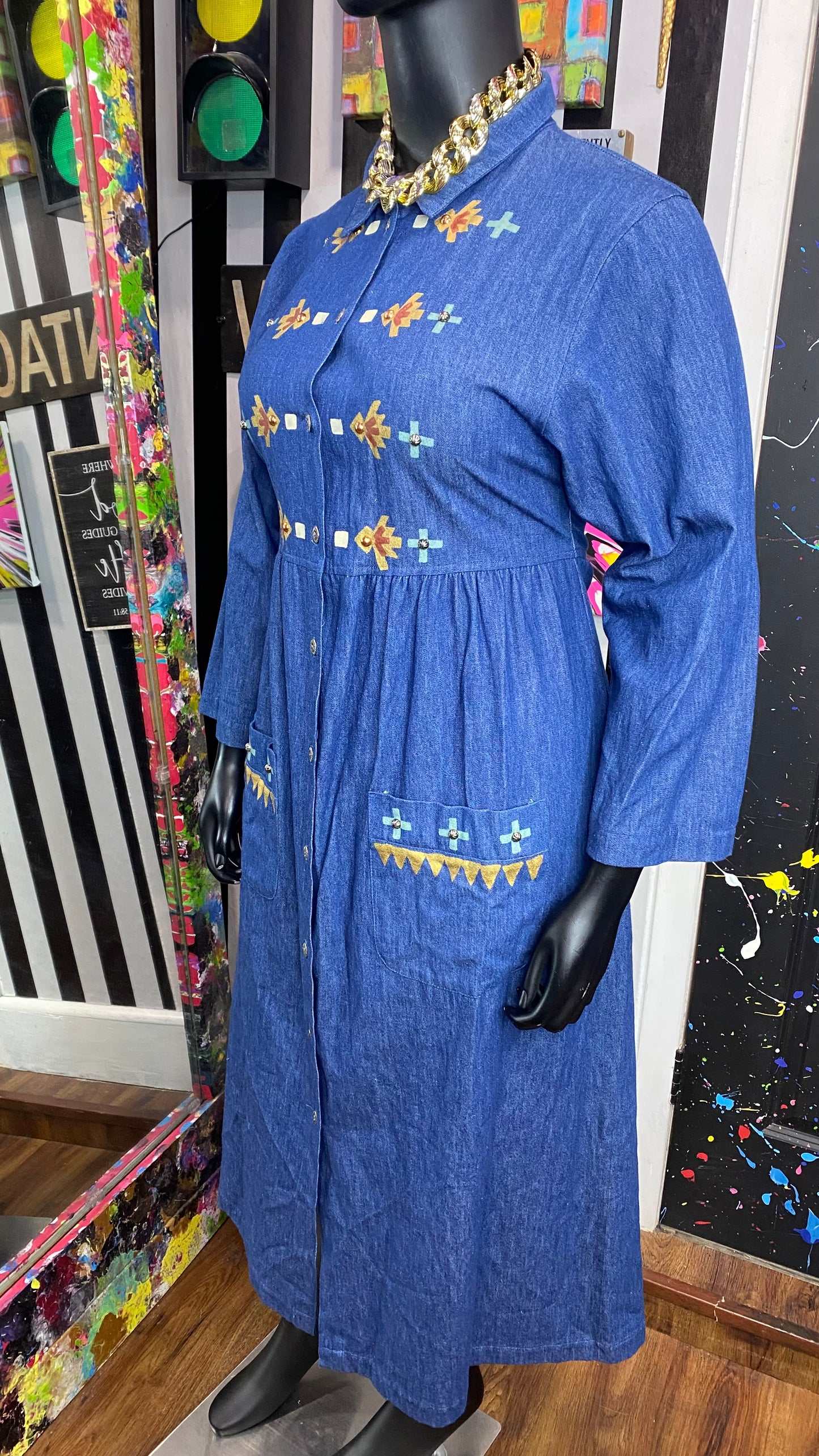 Vintage Denim Tribal Print Dress (12)
