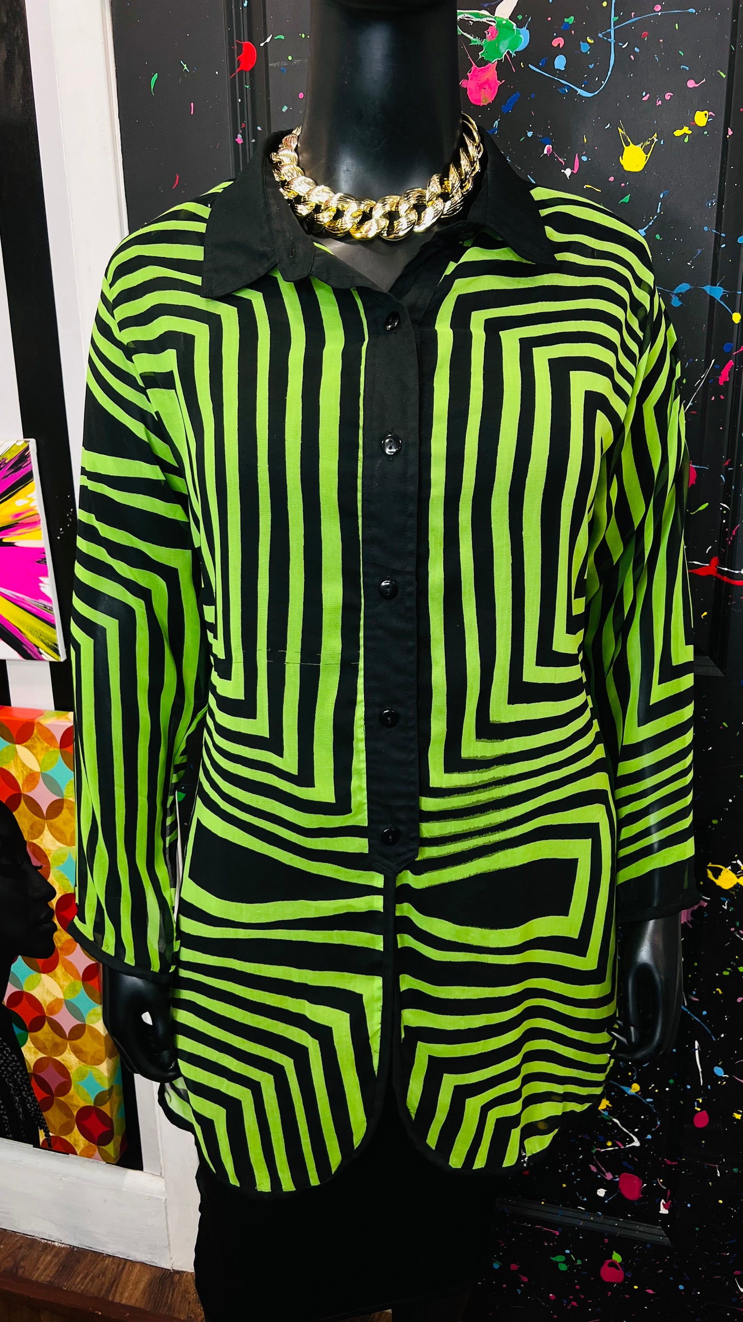 Vintage Green & Black Flowy Blouse/Swimsuit Cover (18)