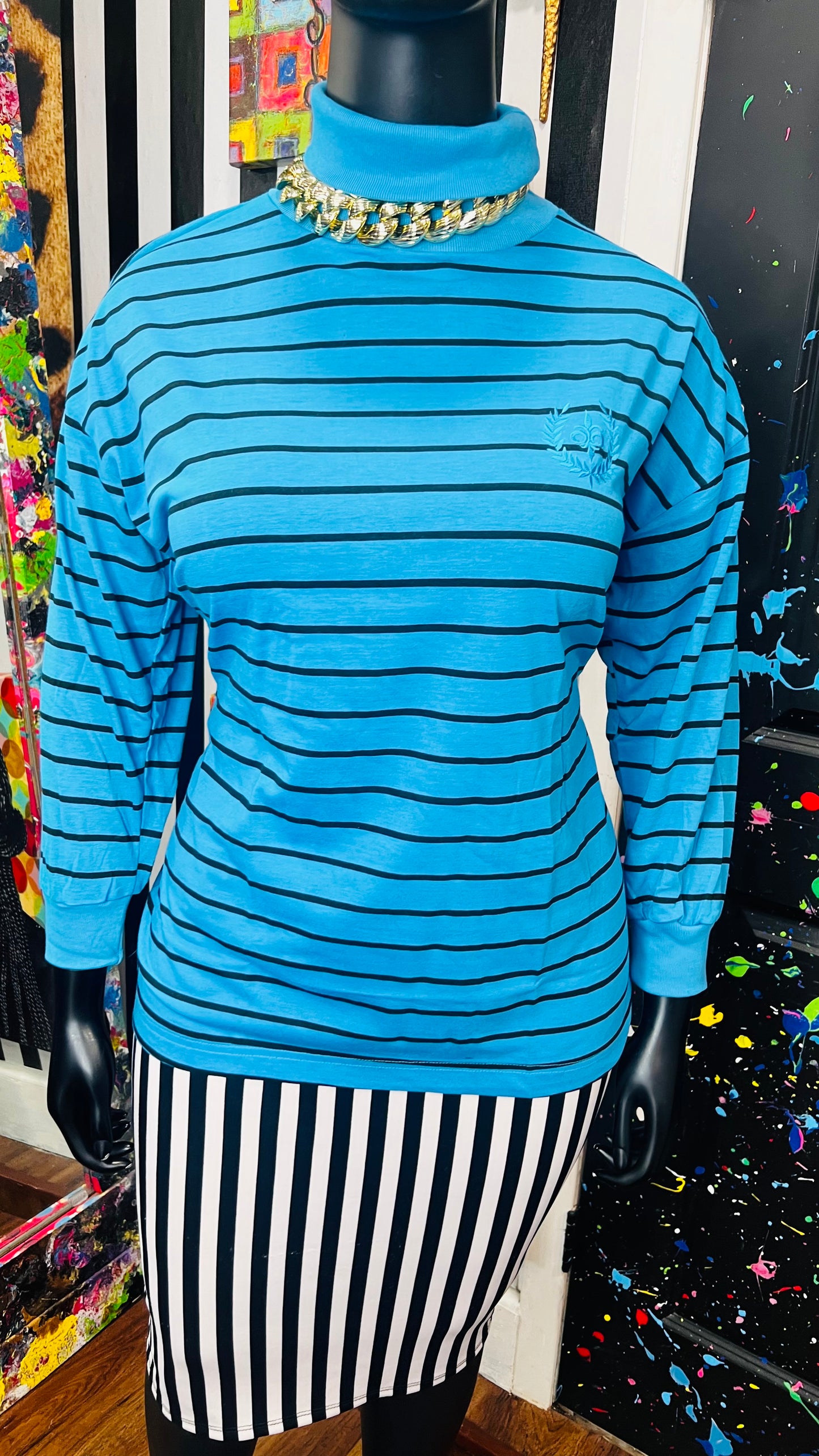 Vintage 100% Cotton Black Striped Turtle Neck- Blue (18)