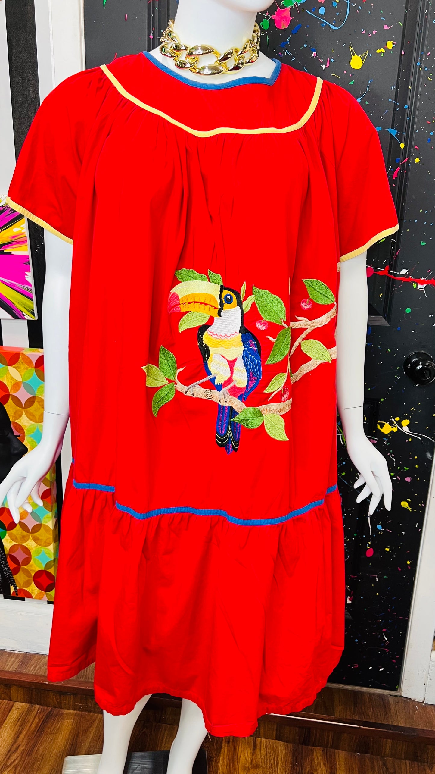 Vintage Cotton Red Parrot House Dress w/Pockets (22/24)