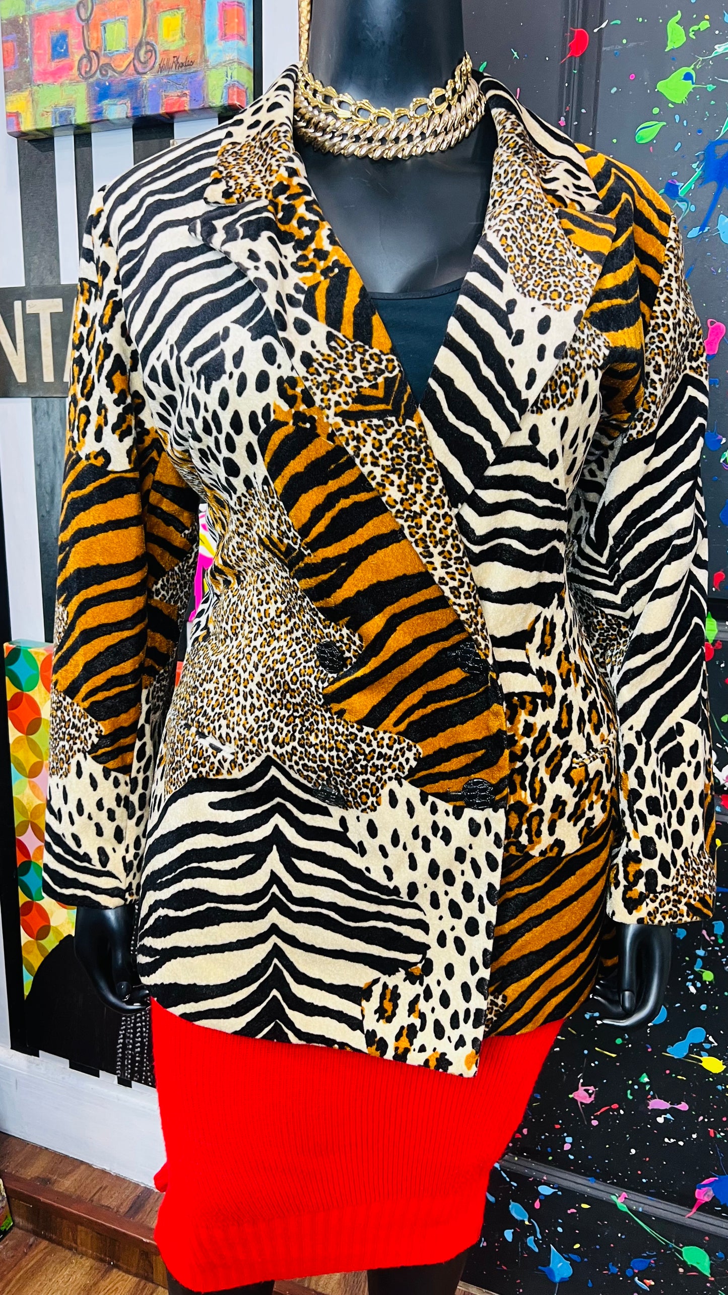 Vintage Faux Fur Mix Animal Print Double Breasted Blazer
(20W)