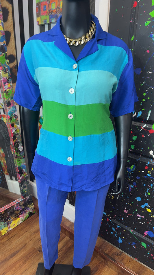 Vintage 100% Silk Color Block Pants Set (14/16)