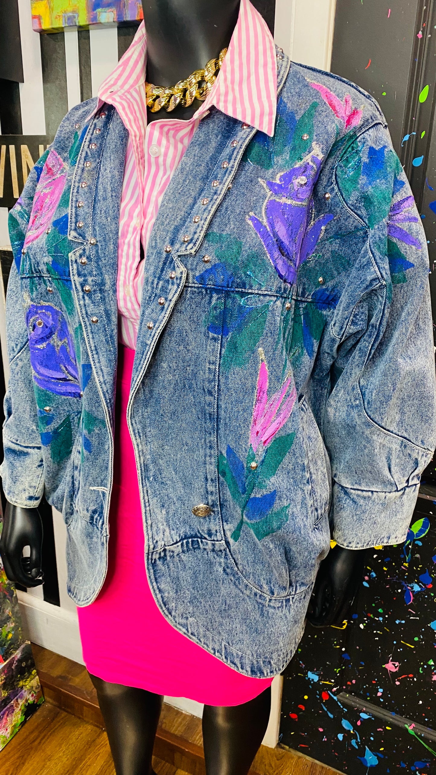 Plus size Vintage Stone Wash Hand Painted Denim Jacket (14)