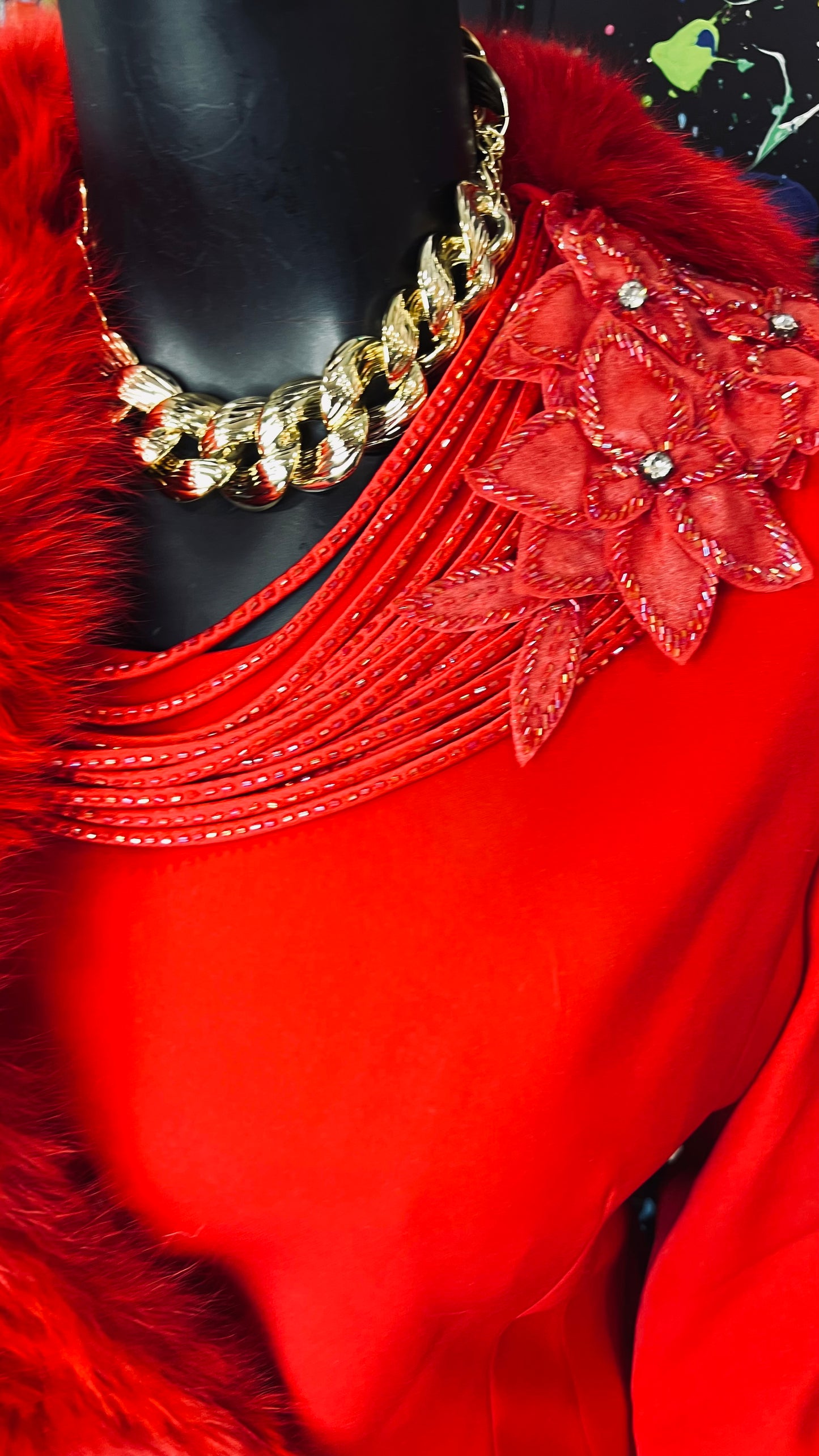 Vintage Couture Red Faux Fur Skirt Suit (20)