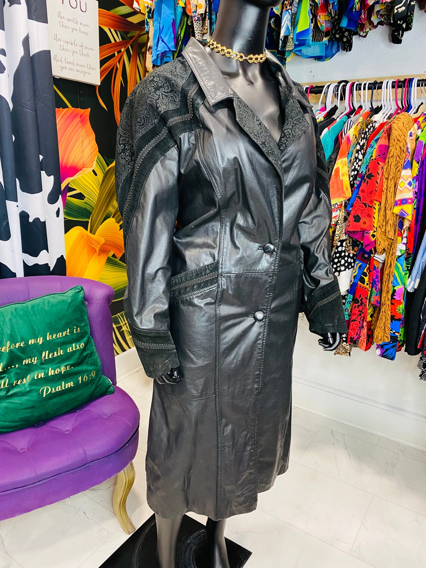 Vintage Black long leather Coat