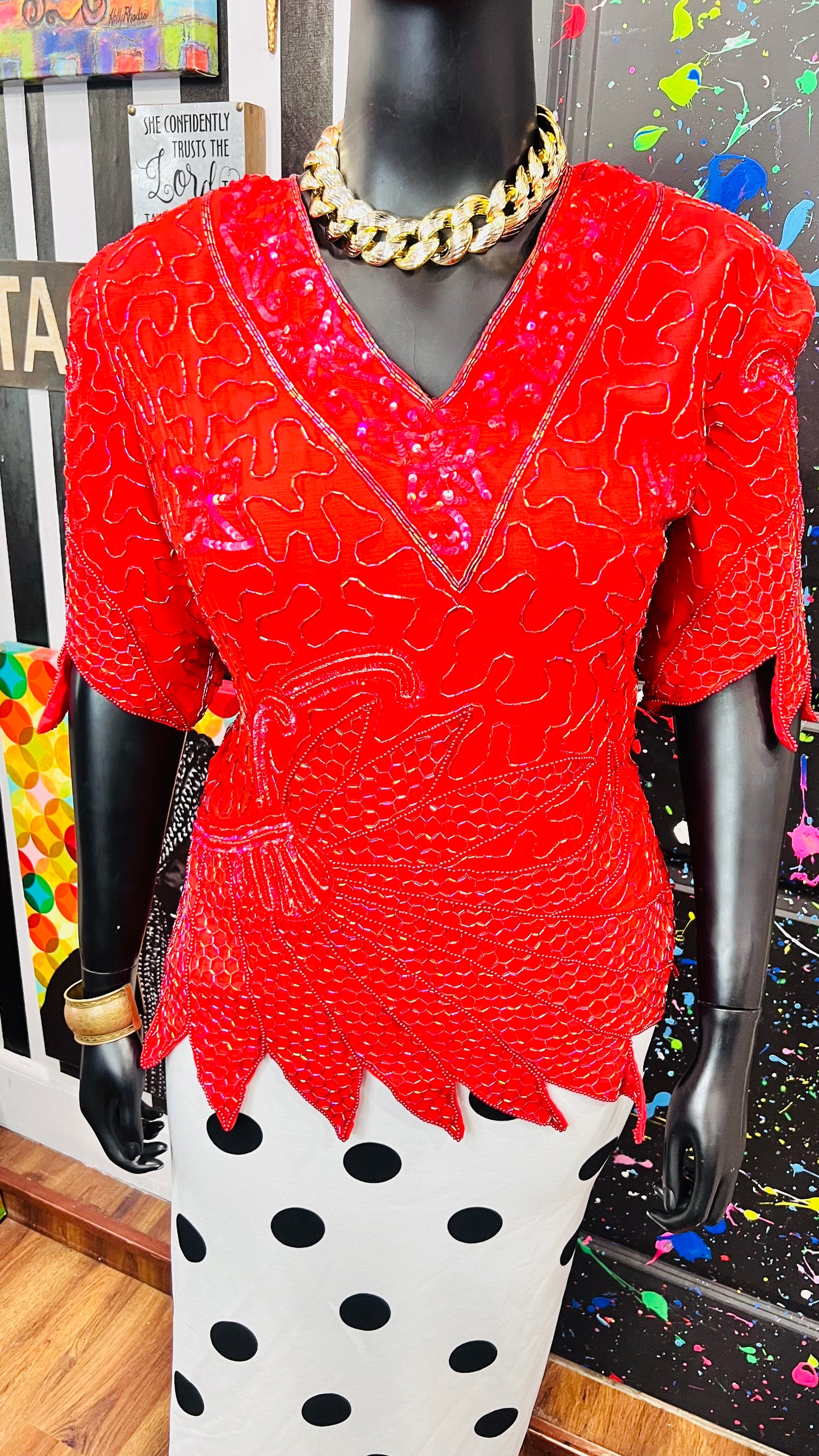 Vintage 100% Silk Red Sequin Blouse (24)