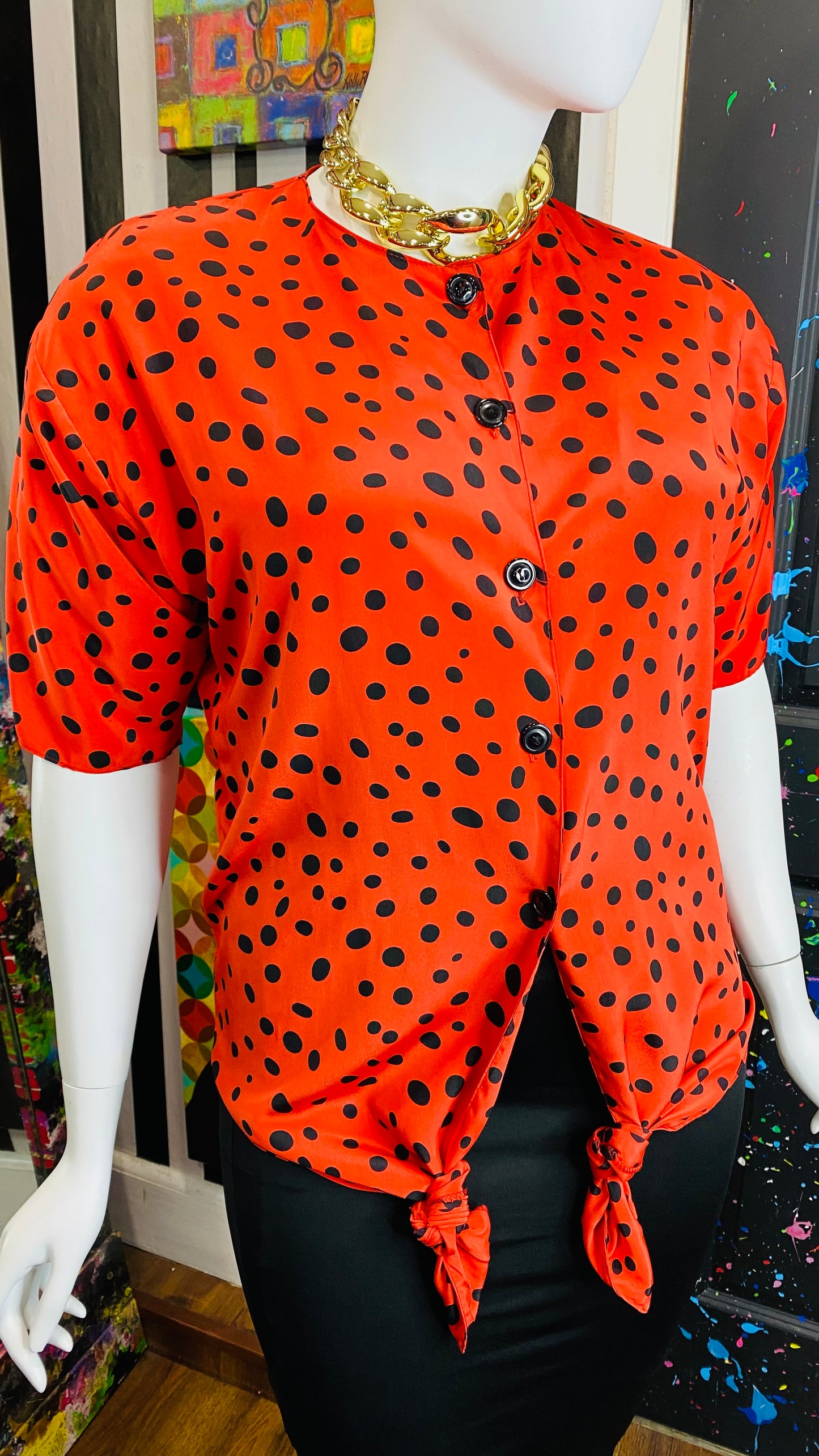 Vintage Tie Front Red & Black Polka Dot Blouse (18)