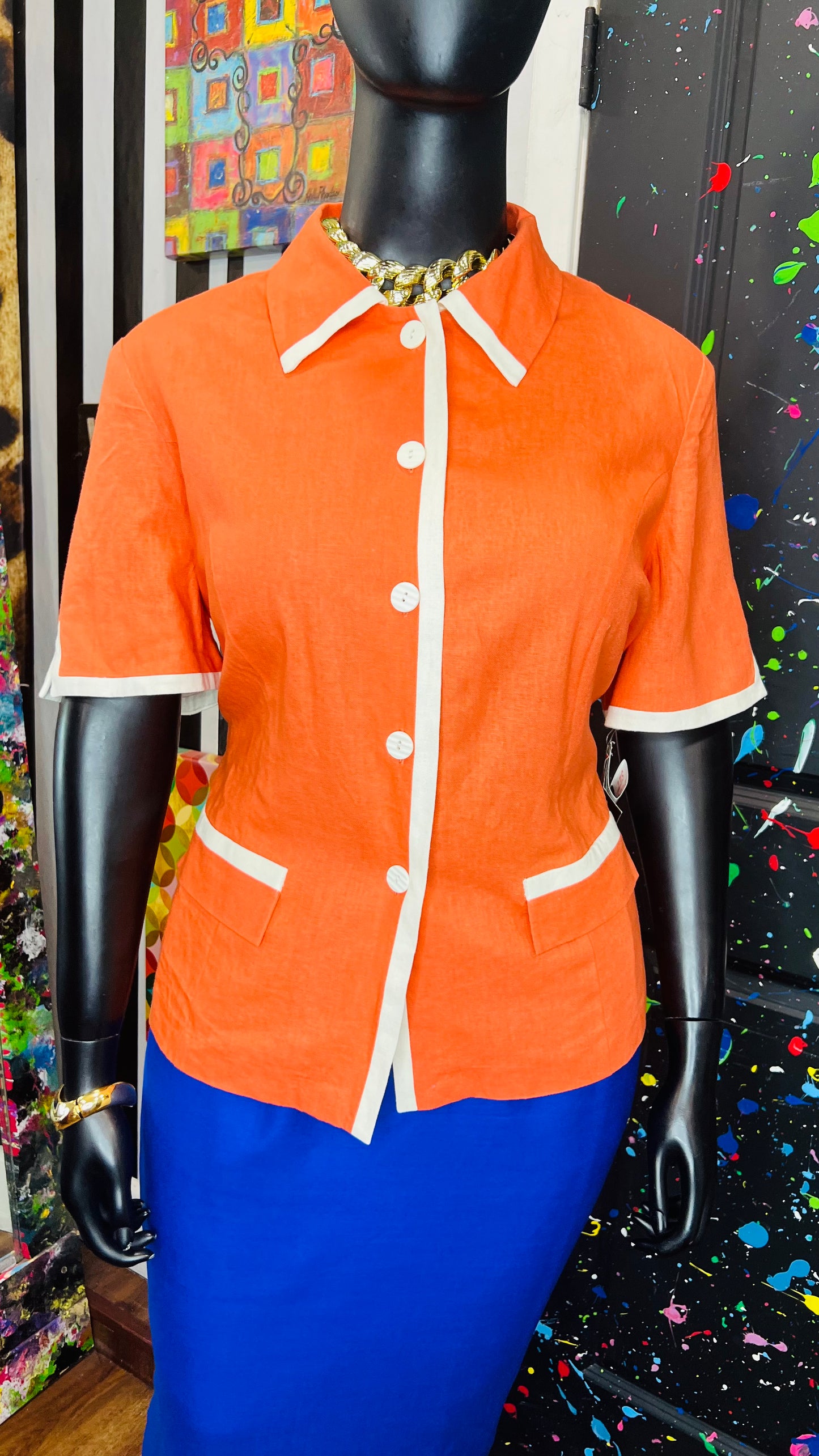 Vintage Deadstock Orange & White Blazer Blouse (20W)