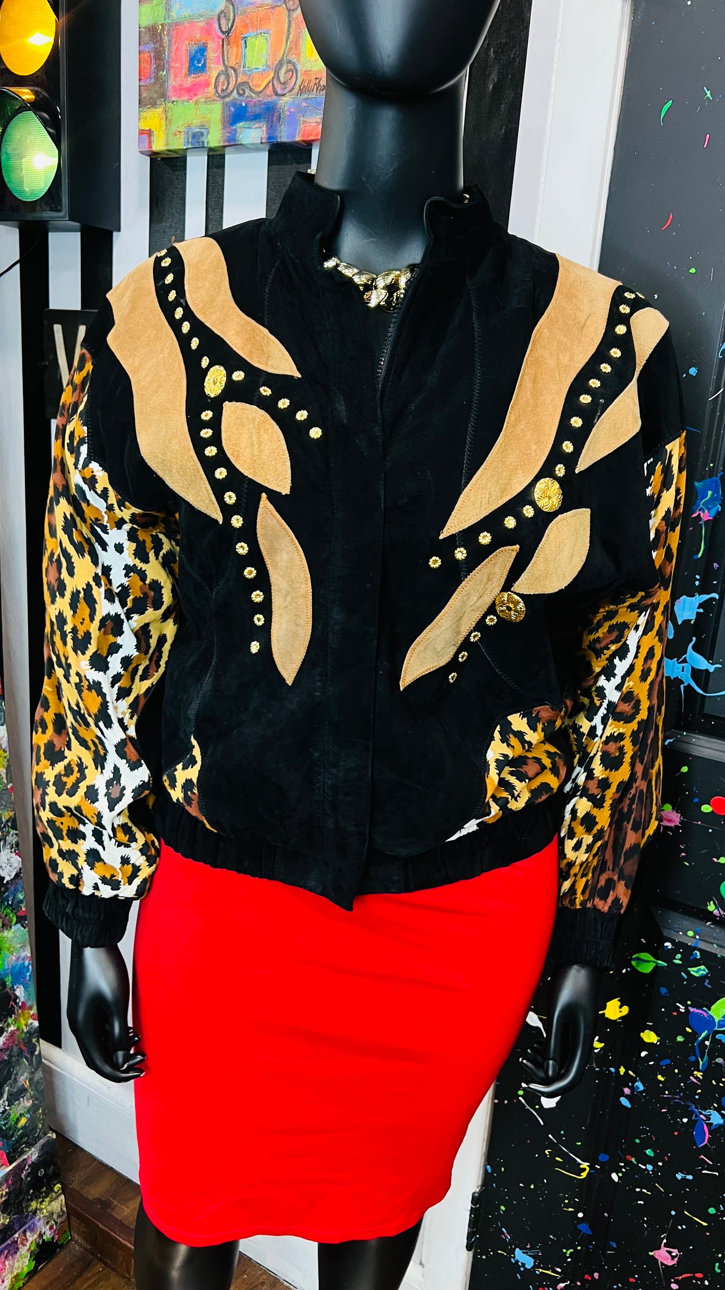 Vintage Genuine Suede Leather & Rayon Studded Animal Print Jacket (16/18)