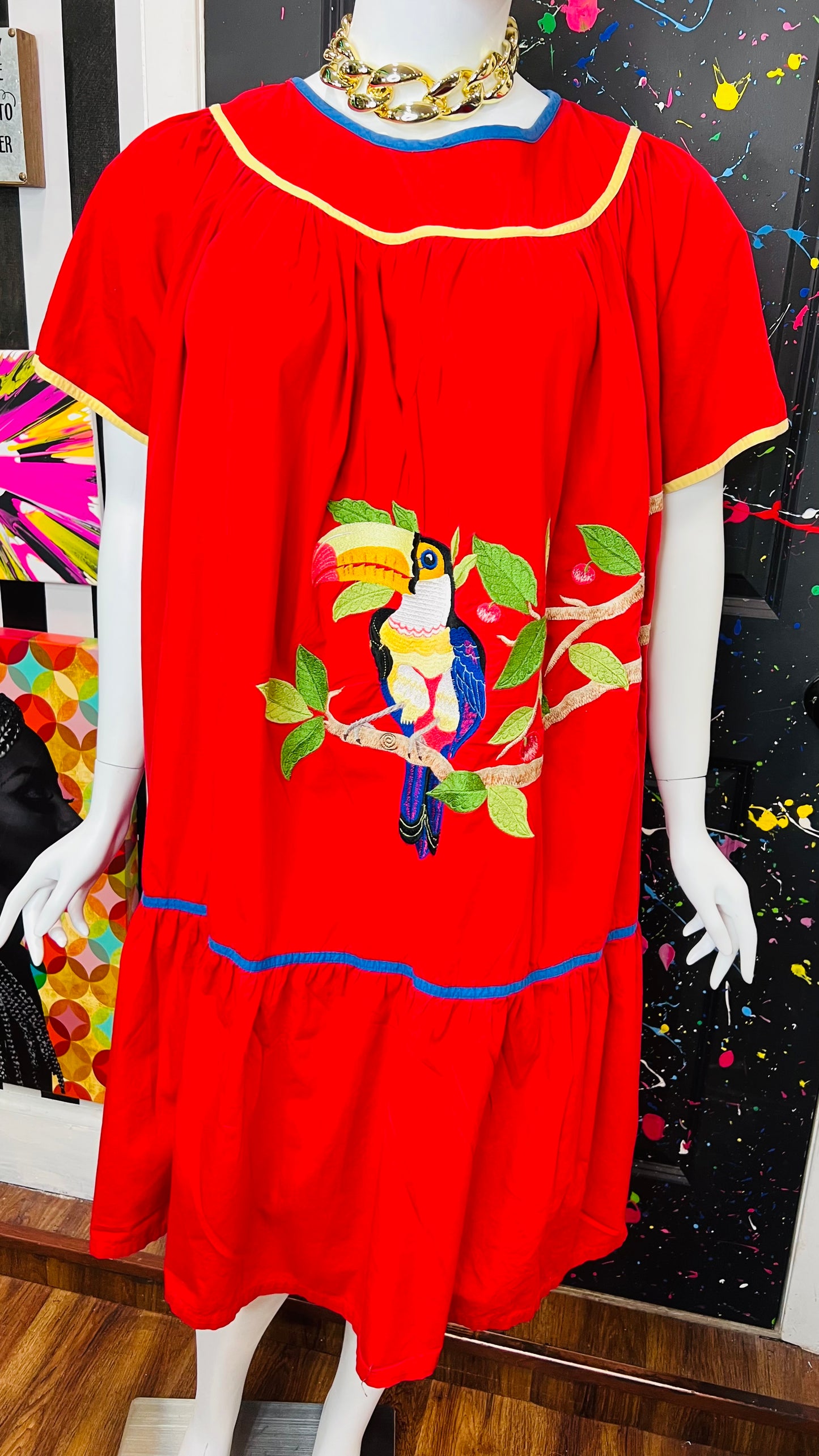 Vintage Cotton Red Parrot House Dress w/Pockets (22/24)