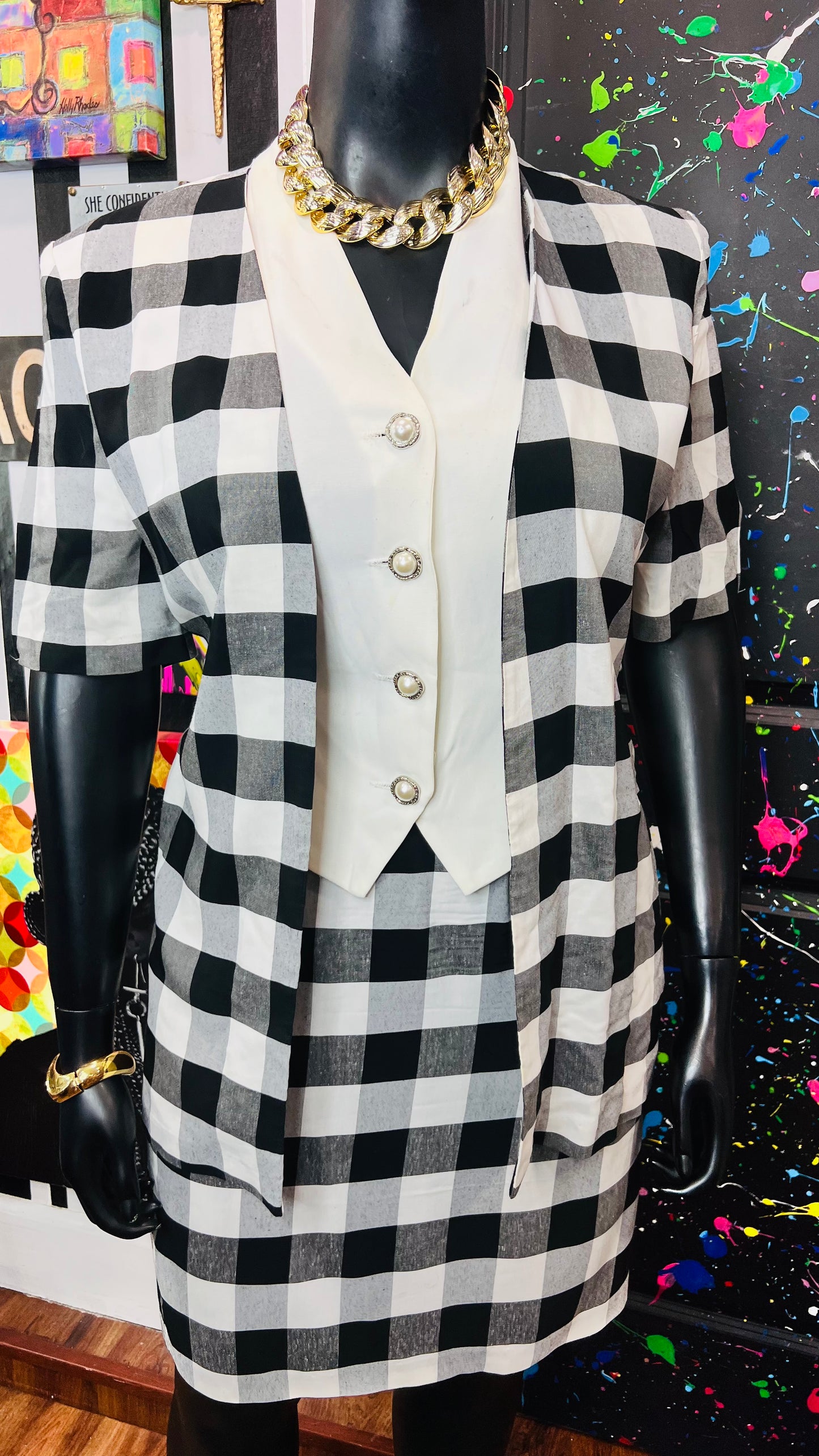 Vintage White & Black Checkered Skirt Suit (14)