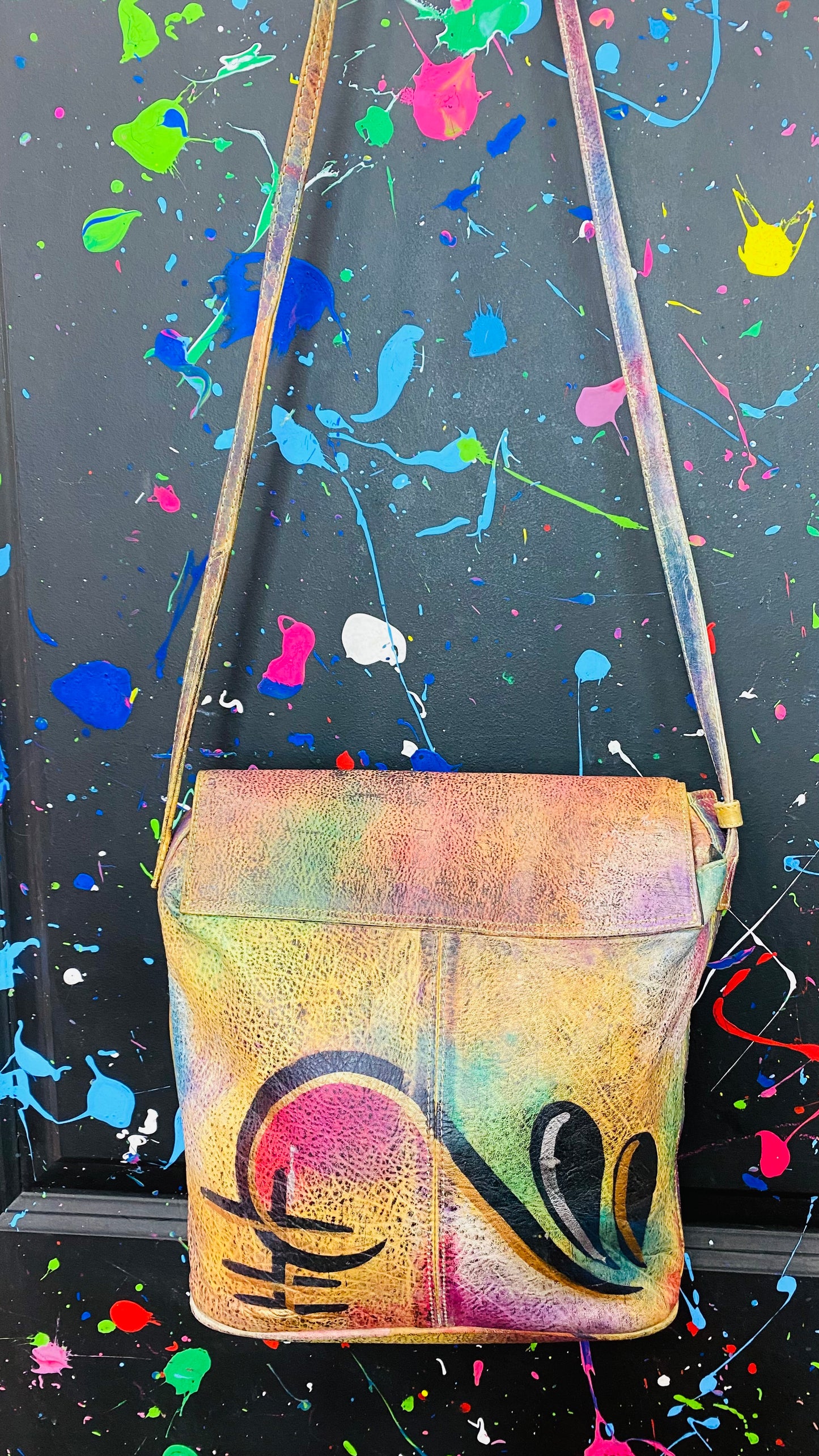 Vintage Genuine Leather Hand Painted Bag w/ Lipstick Holder