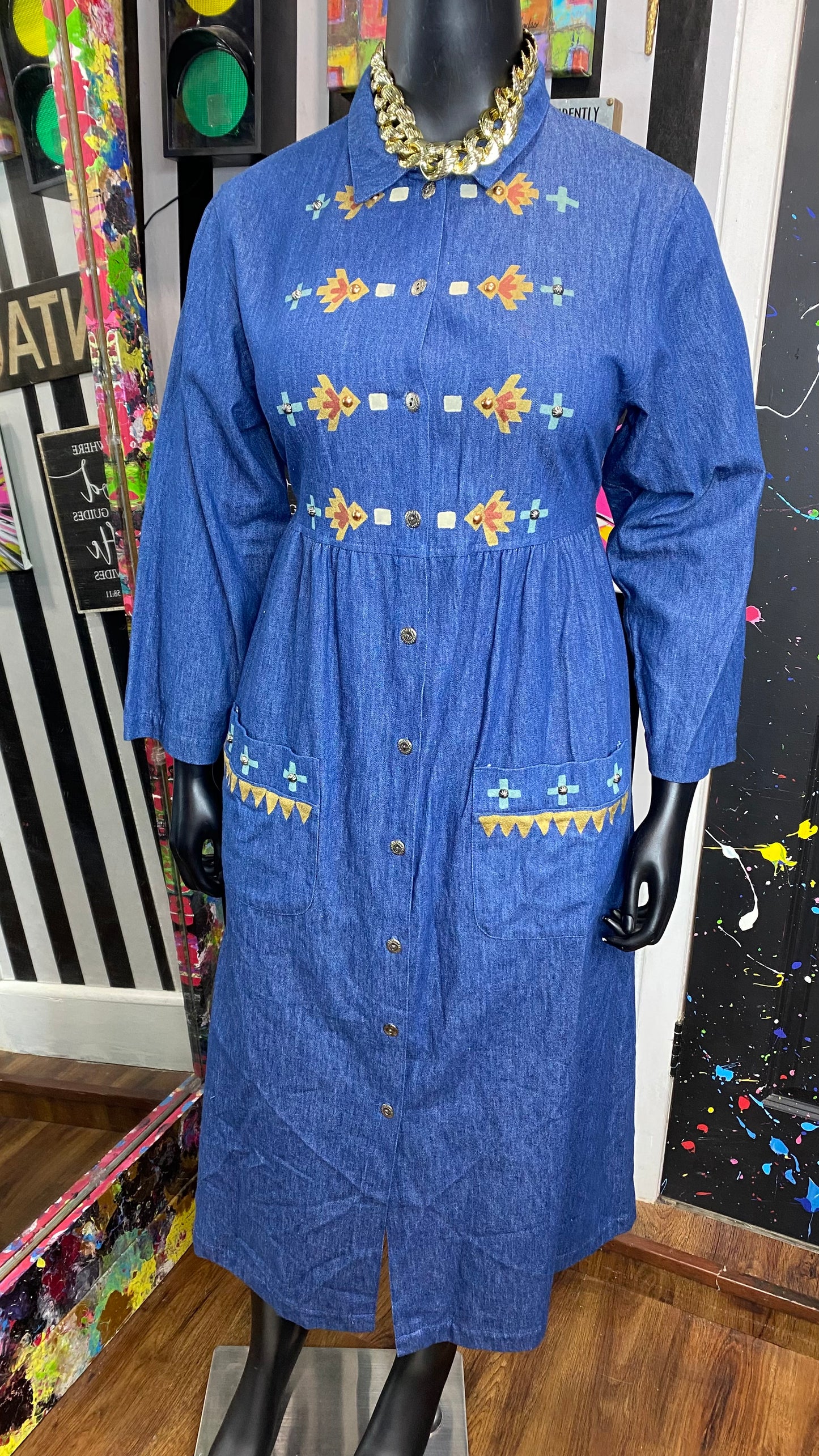 Vintage Denim Tribal Print Dress (12)